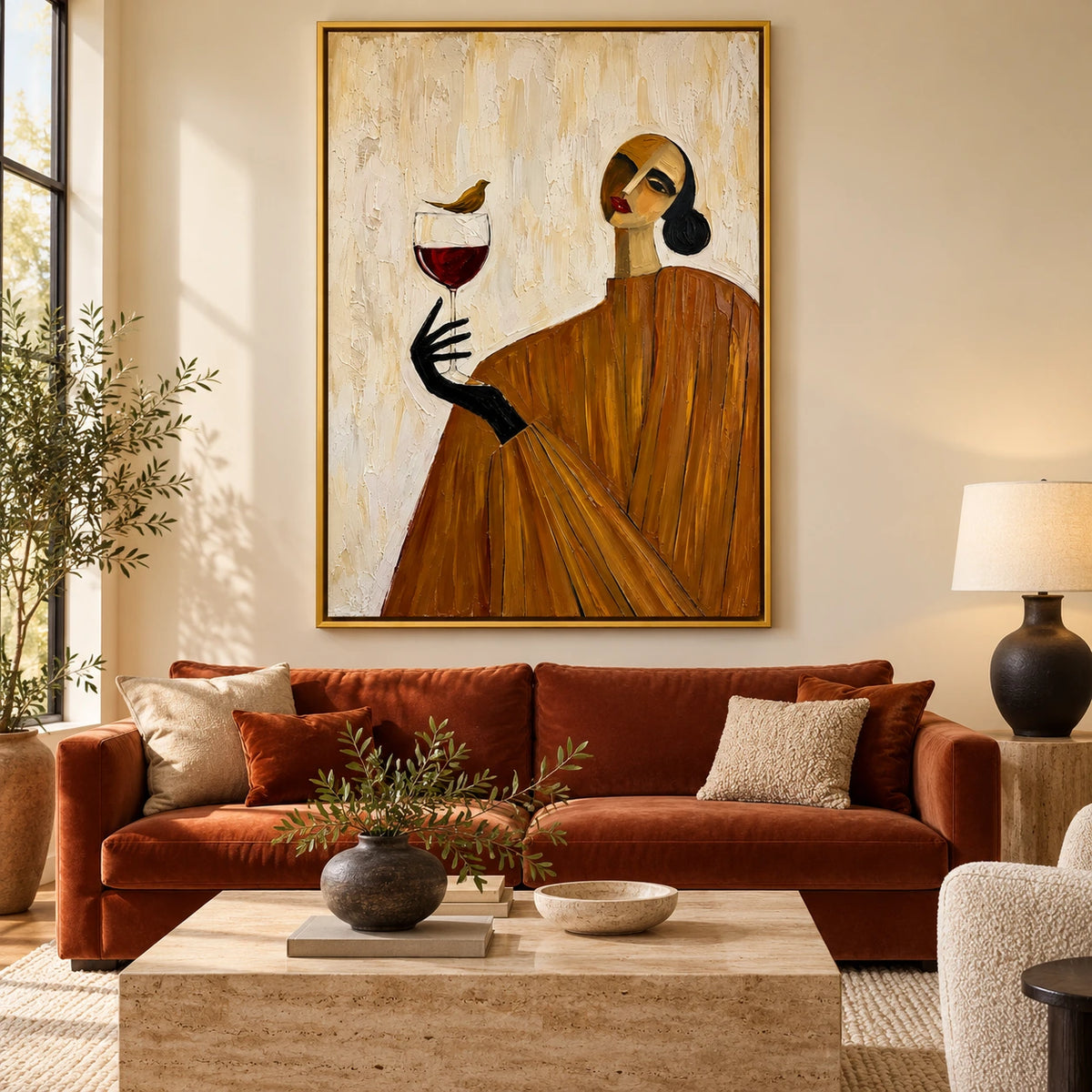Woman with Wine Glass and Bird Oil Painting | Ochre Dress Abstract Portrait Textured Vertical Wall Art OA 1664