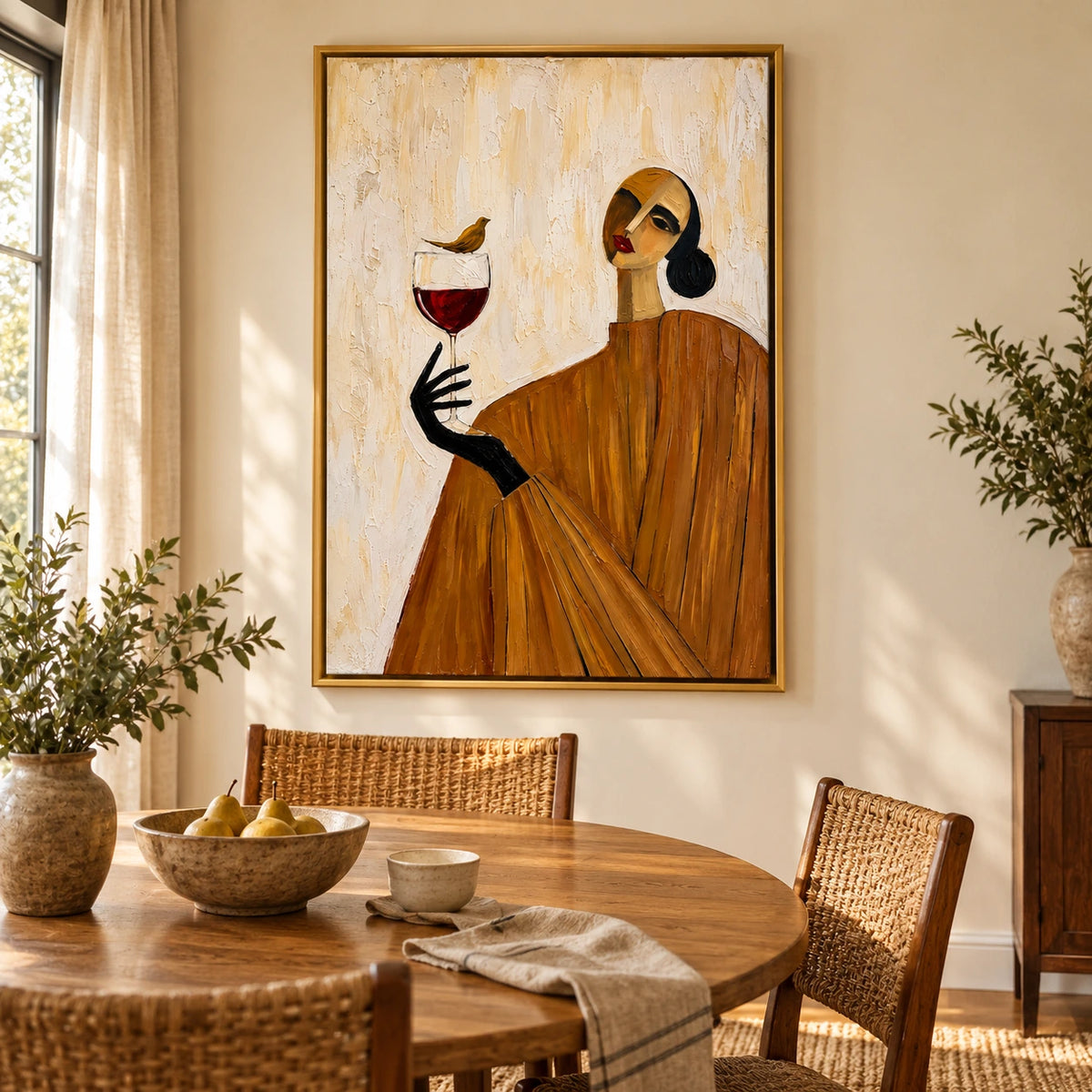 Woman with Wine Glass and Bird Oil Painting | Ochre Dress Abstract Portrait Textured Vertical Wall Art OA 1664