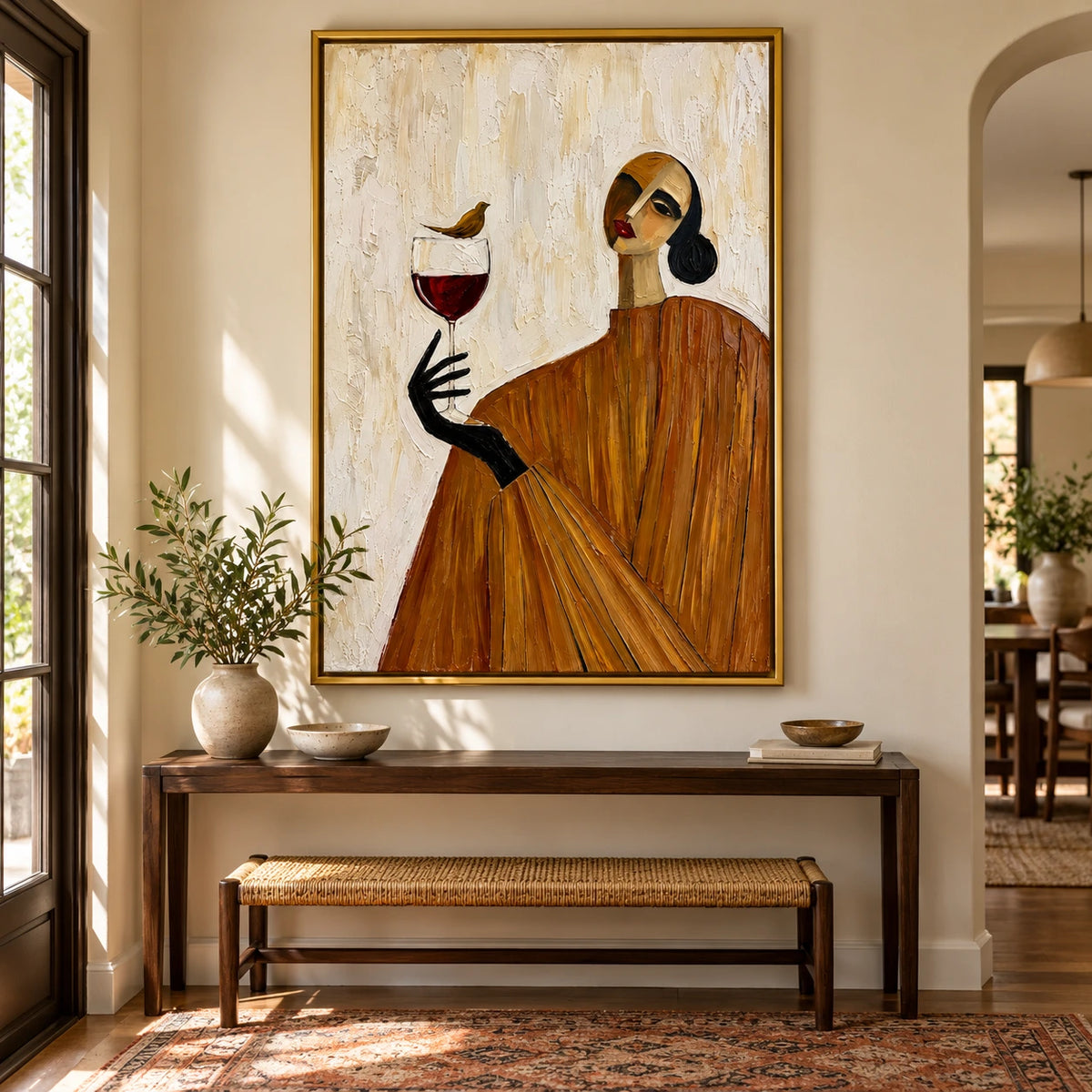 Woman with Wine Glass and Bird Oil Painting | Ochre Dress Abstract Portrait Textured Vertical Wall Art OA 1664