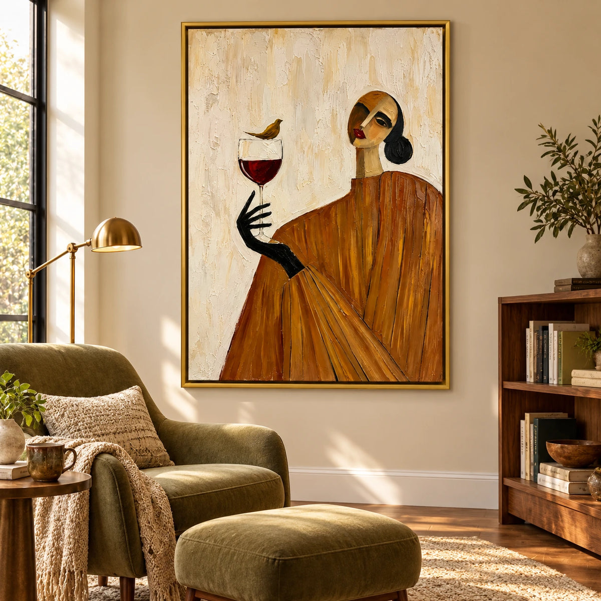 Woman with Wine Glass and Bird Oil Painting | Ochre Dress Abstract Portrait Textured Vertical Wall Art OA 1664