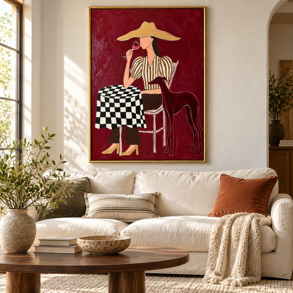 Woman with Wine and Greyhound Oil Painting | Burgundy Cafe Scene with Checkered Table Figurative Wall Art #OA 1637