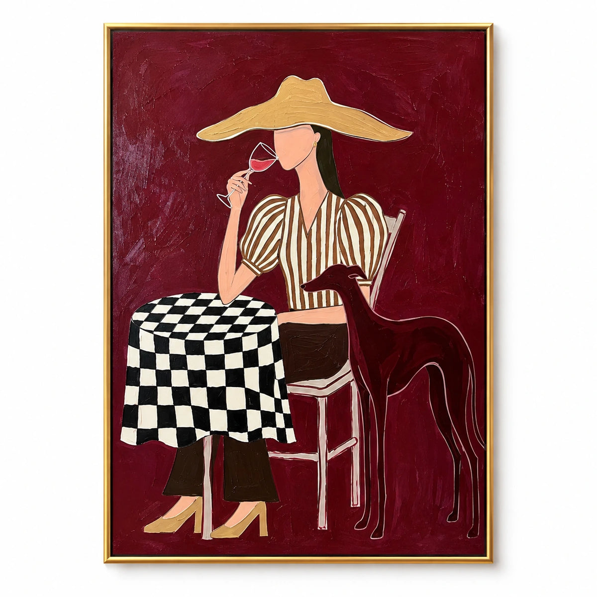 Woman with Wine and Greyhound Oil Painting | Burgundy Cafe Scene with Checkered Table Figurative Wall Art #OA 1637