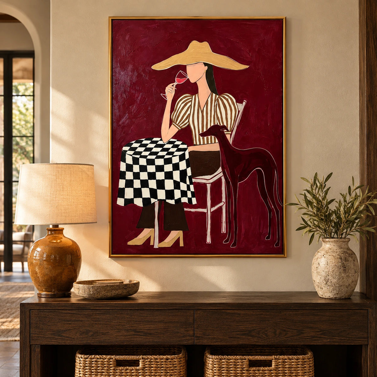 Woman with Wine and Greyhound Oil Painting | Burgundy Cafe Scene with Checkered Table Figurative Wall Art #OA 1637