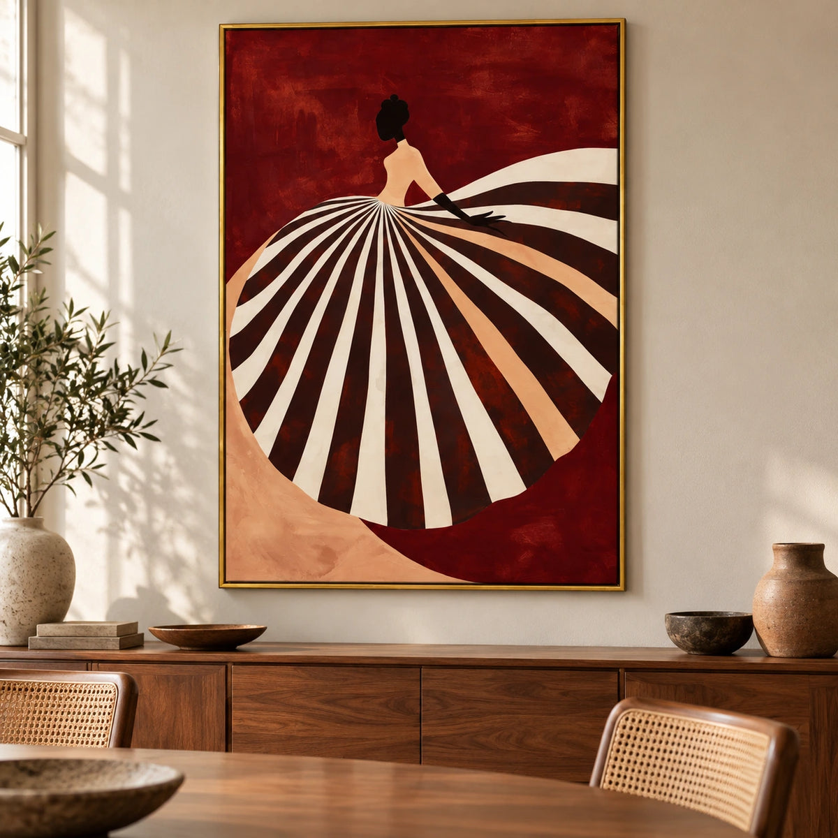 Woman in Black and White Striped Dress Oil Painting | Red Figurative Fashion Wall Art #OA 1601