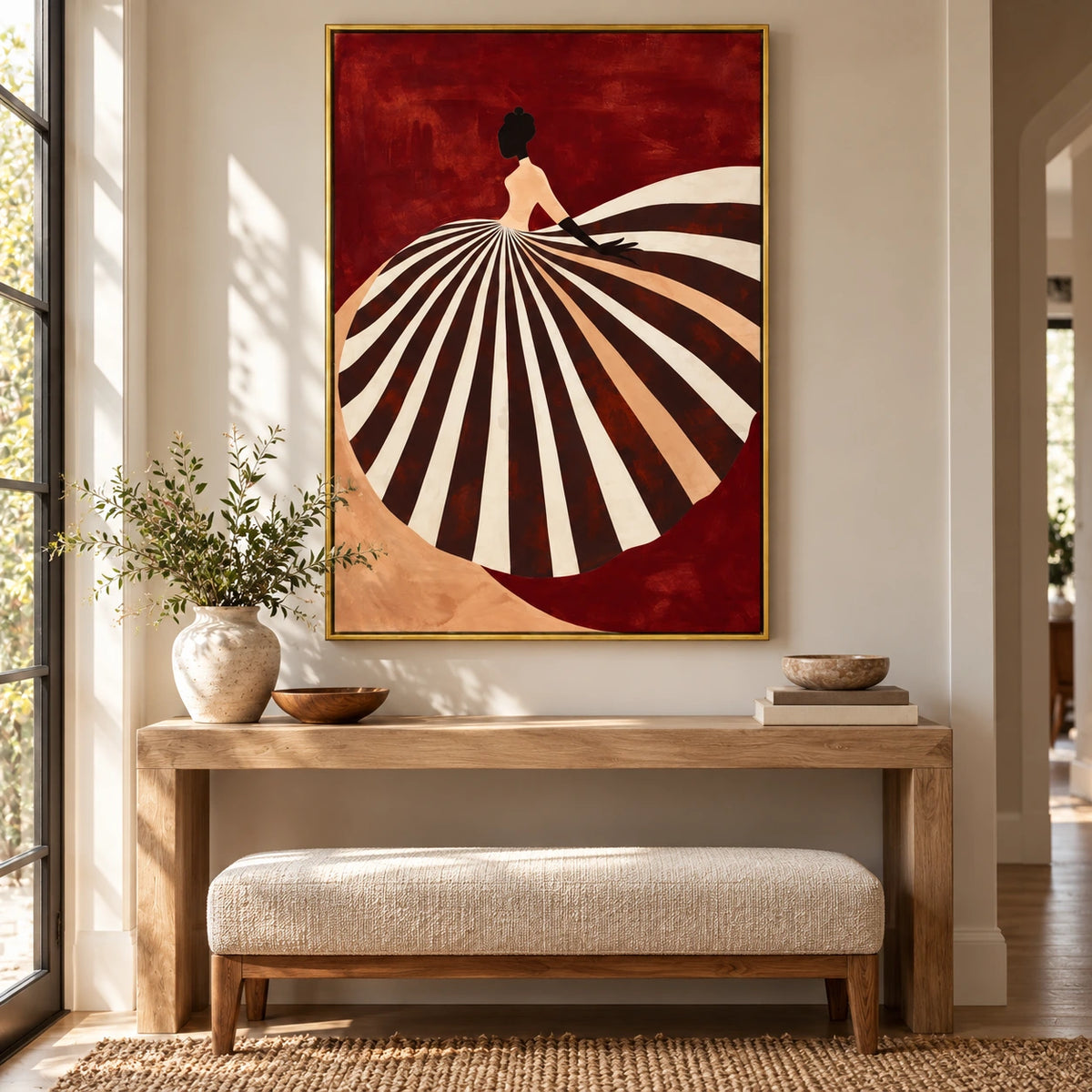 Woman in Black and White Striped Dress Oil Painting | Red Figurative Fashion Wall Art #OA 1601