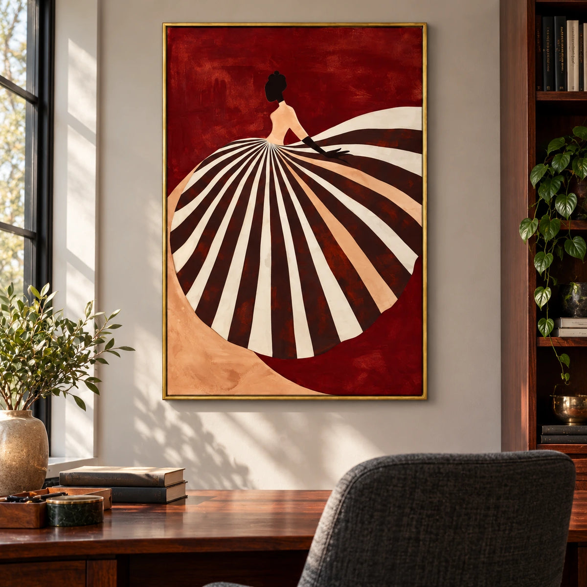 Woman in Black and White Striped Dress Oil Painting | Red Figurative Fashion Wall Art #OA 1601