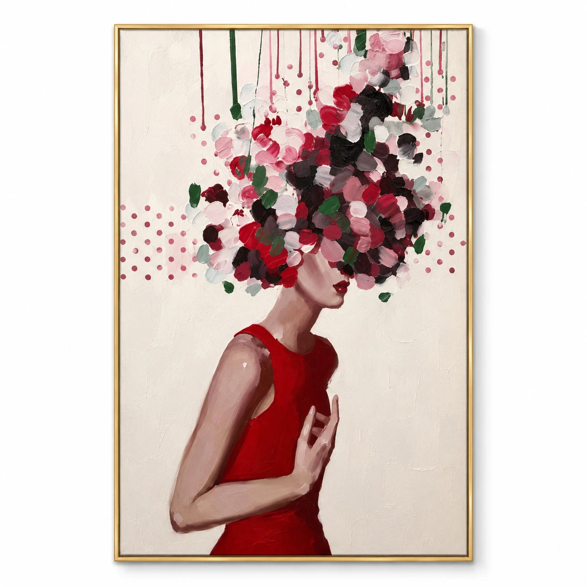 Woman with Floral Headdress Oil Painting | Red Dress Botanical Portrait Wall Art #OA 1604
