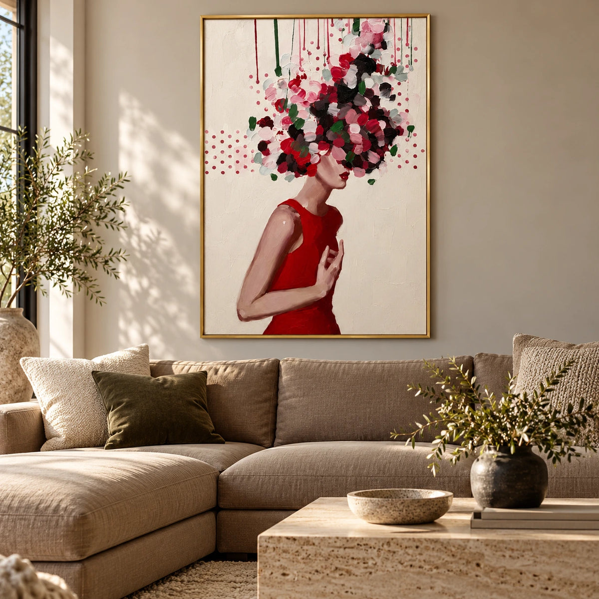 Woman with Floral Headdress Oil Painting | Red Dress Botanical Portrait Wall Art #OA 1604