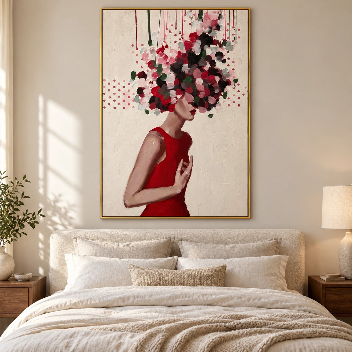 Woman with Floral Headdress Oil Painting | Red Dress Botanical Portrait Wall Art #OA 1604