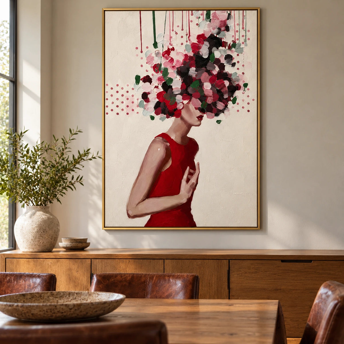 Woman with Floral Headdress Oil Painting | Red Dress Botanical Portrait Wall Art #OA 1604