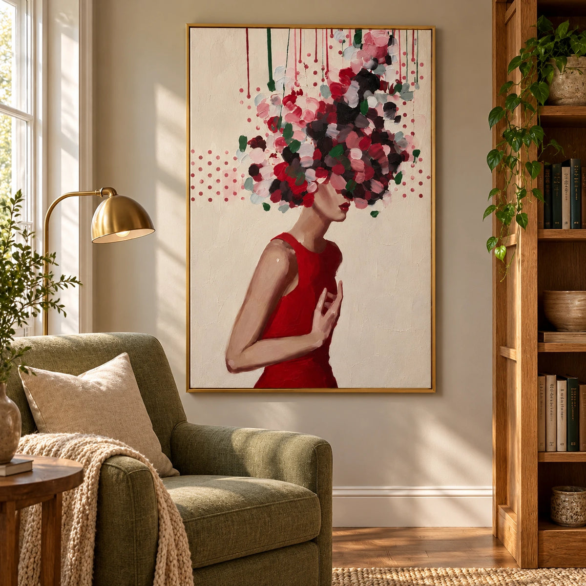 Woman with Floral Headdress Oil Painting | Red Dress Botanical Portrait Wall Art #OA 1604