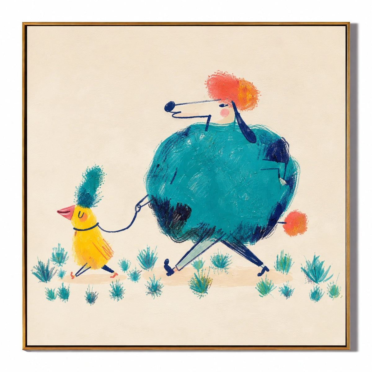 Yellow Bird Walking Blue Poodle Oil Painting | Colorful Whimsical Animals on Cream Square Nursery Wall Art OA 1749