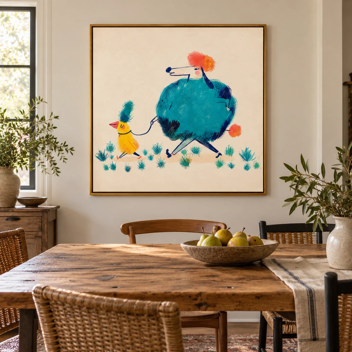 Yellow Bird Walking Blue Poodle Oil Painting | Colorful Whimsical Animals on Cream Square Nursery Wall Art OA 1749