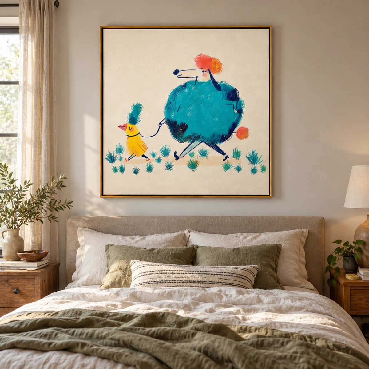 Yellow Bird Walking Blue Poodle Oil Painting | Colorful Whimsical Animals on Cream Square Nursery Wall Art OA 1749