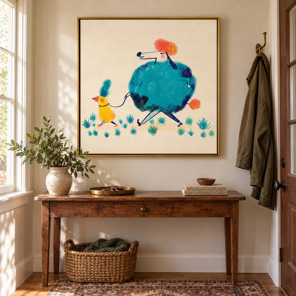 Yellow Bird Walking Blue Poodle Oil Painting | Colorful Whimsical Animals on Cream Square Nursery Wall Art OA 1749