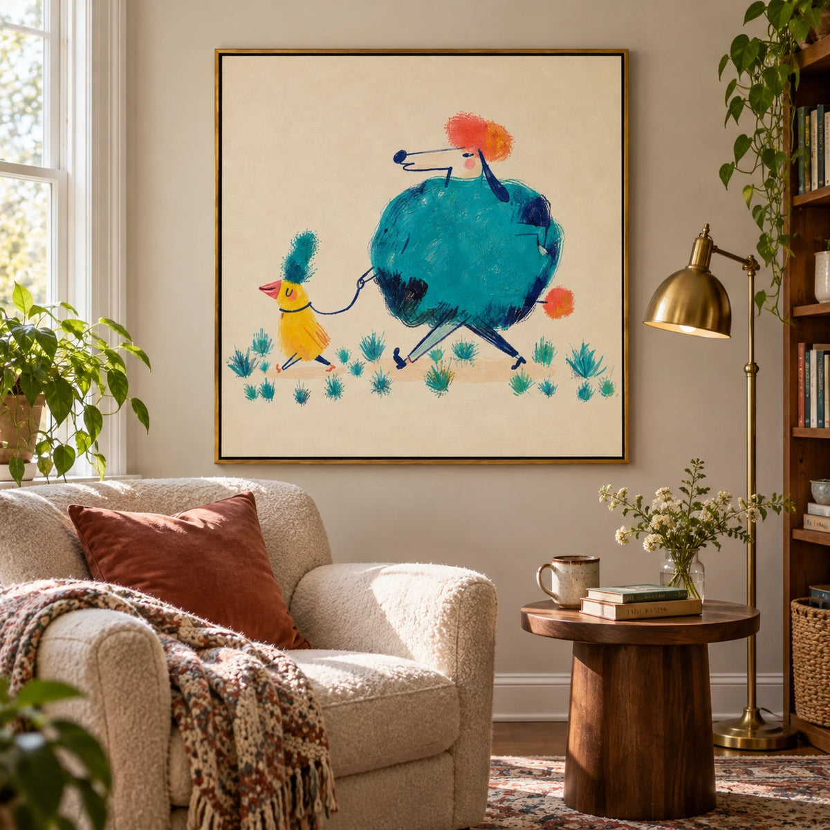 Yellow Bird Walking Blue Poodle Oil Painting | Colorful Whimsical Animals on Cream Square Nursery Wall Art OA 1749