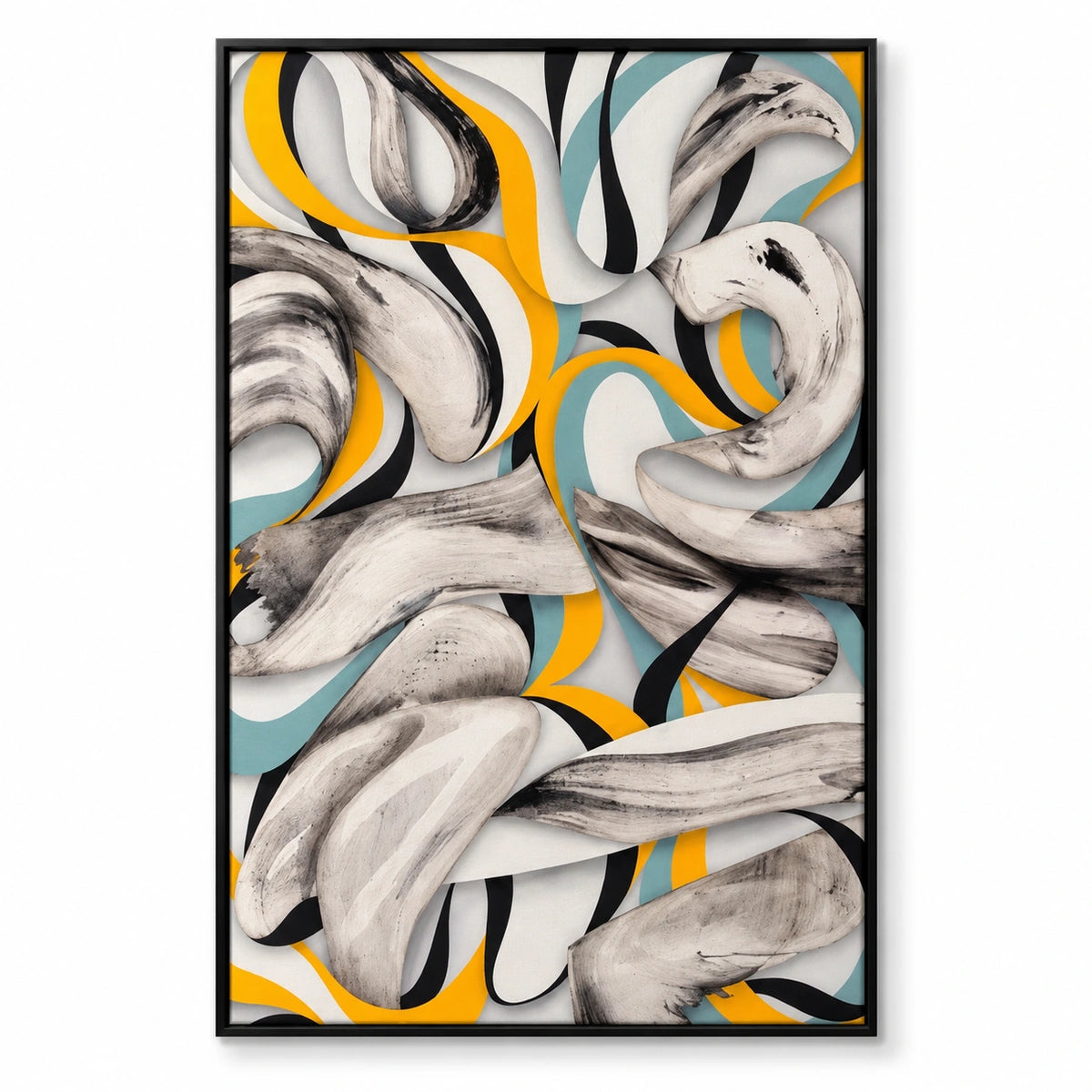 Yellow Teal Black and White Abstract Oil Painting | Flowing Ribbon Curves Modern Vertical Wall Art OA 1673