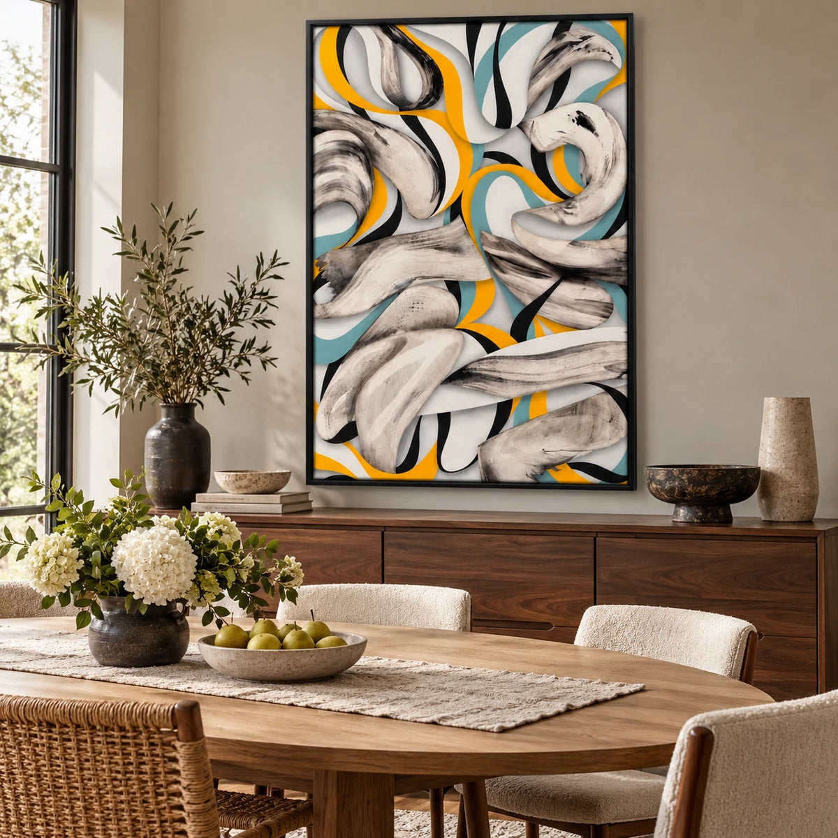 Yellow Teal Black and White Abstract Oil Painting | Flowing Ribbon Curves Modern Vertical Wall Art OA 1673