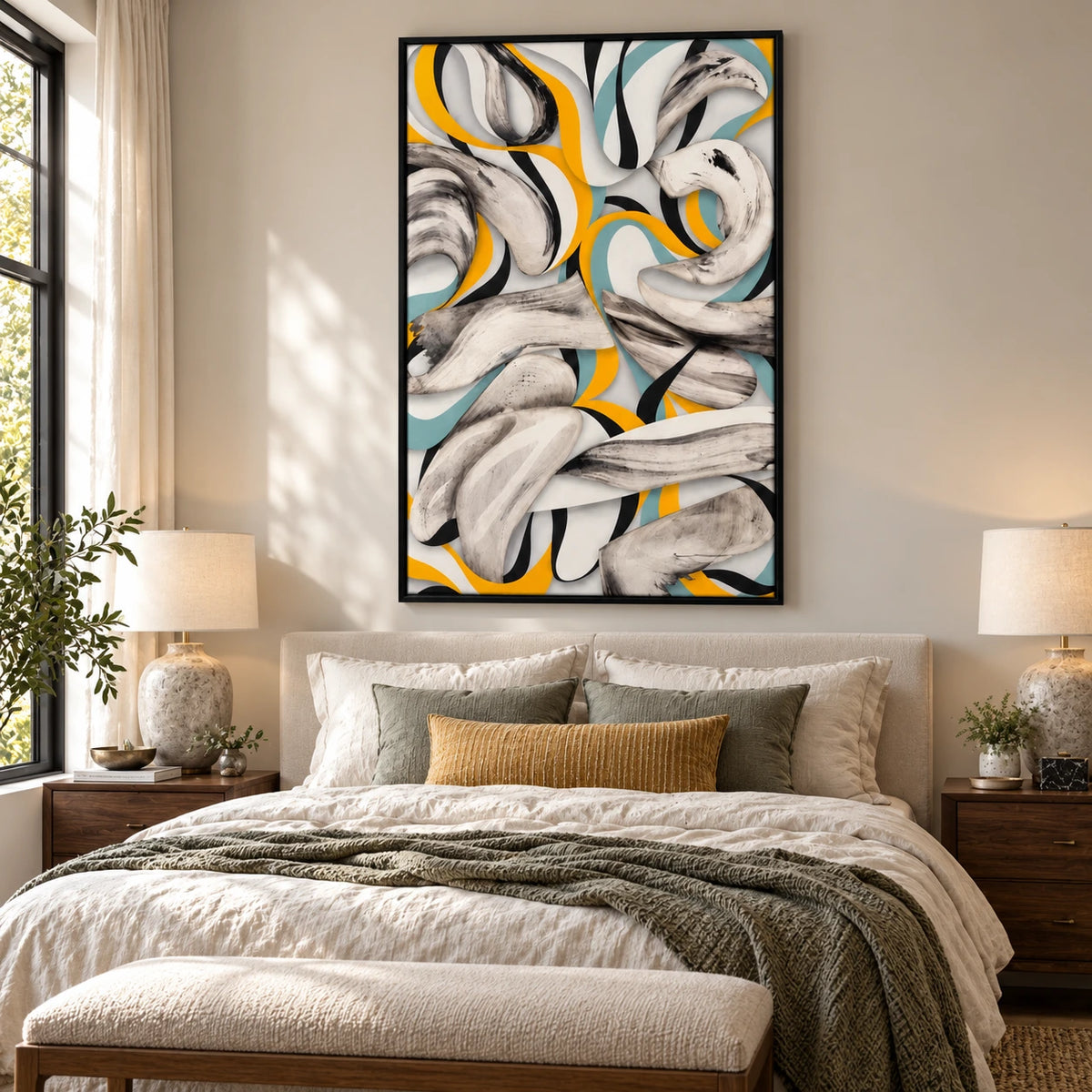 Yellow Teal Black and White Abstract Oil Painting | Flowing Ribbon Curves Modern Vertical Wall Art OA 1673