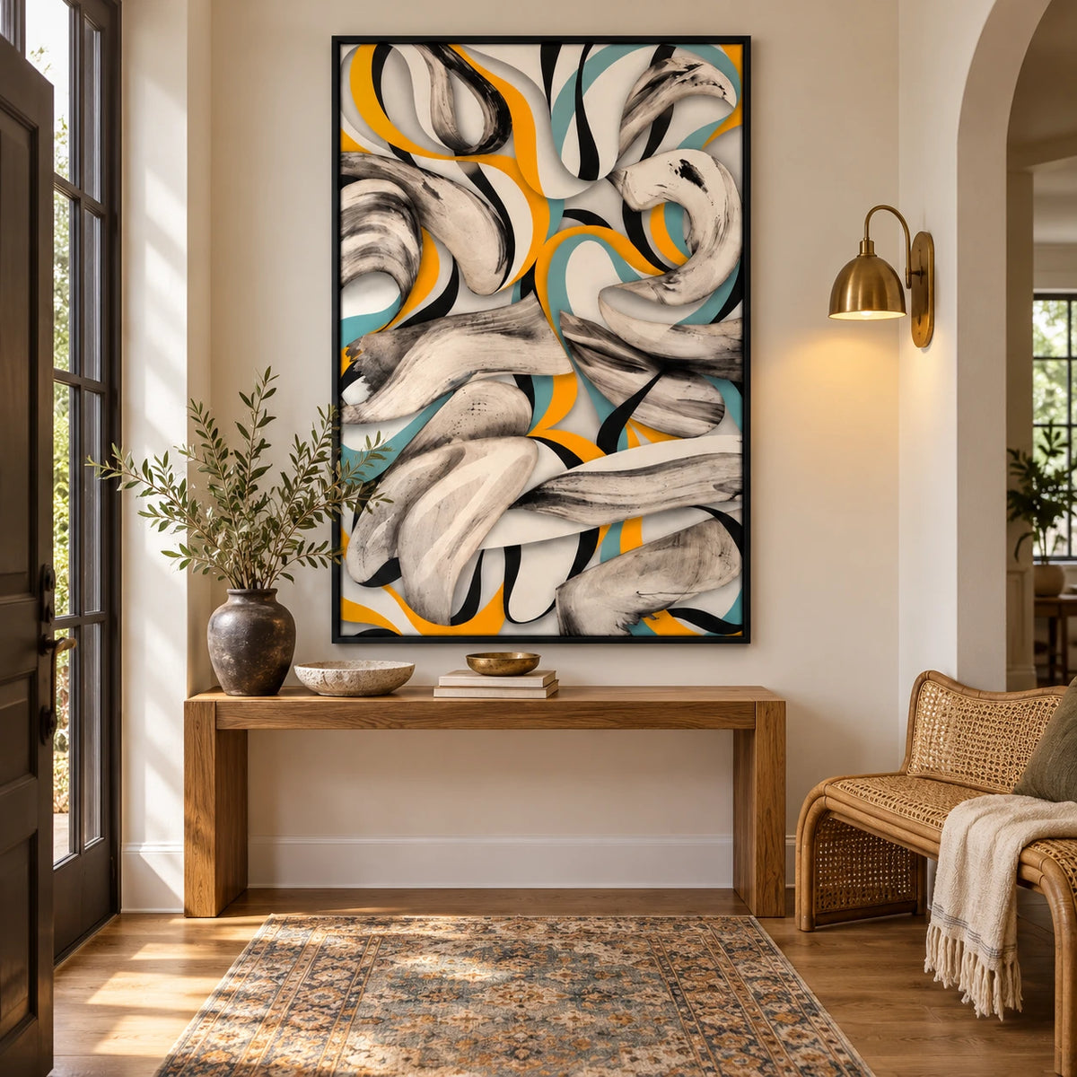 Yellow Teal Black and White Abstract Oil Painting | Flowing Ribbon Curves Modern Vertical Wall Art OA 1673