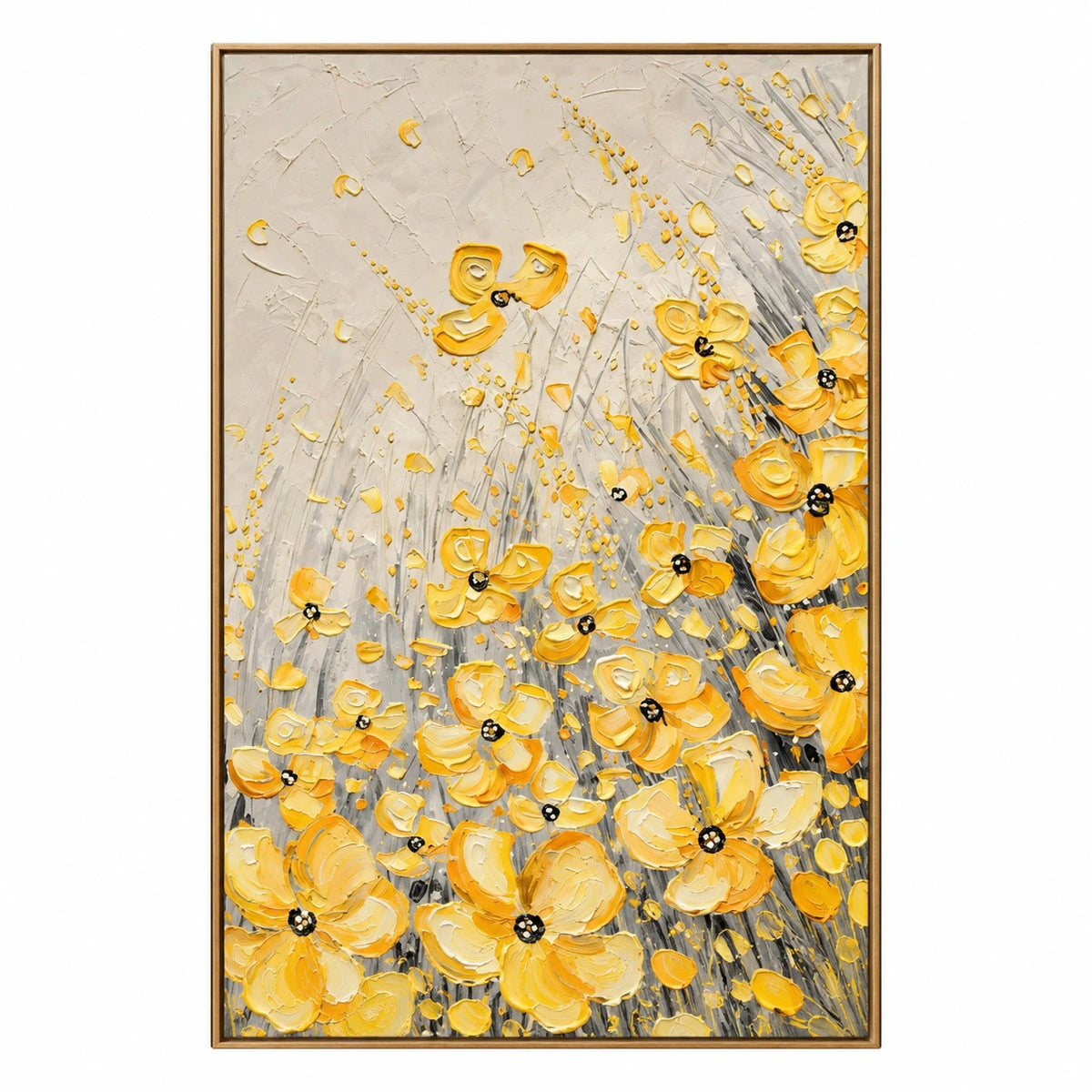 Yellow Wildflowers Oil Painting | Gold Petals Grey Stems and Cream Background Textured Vertical Floral Wall Art OA 1784