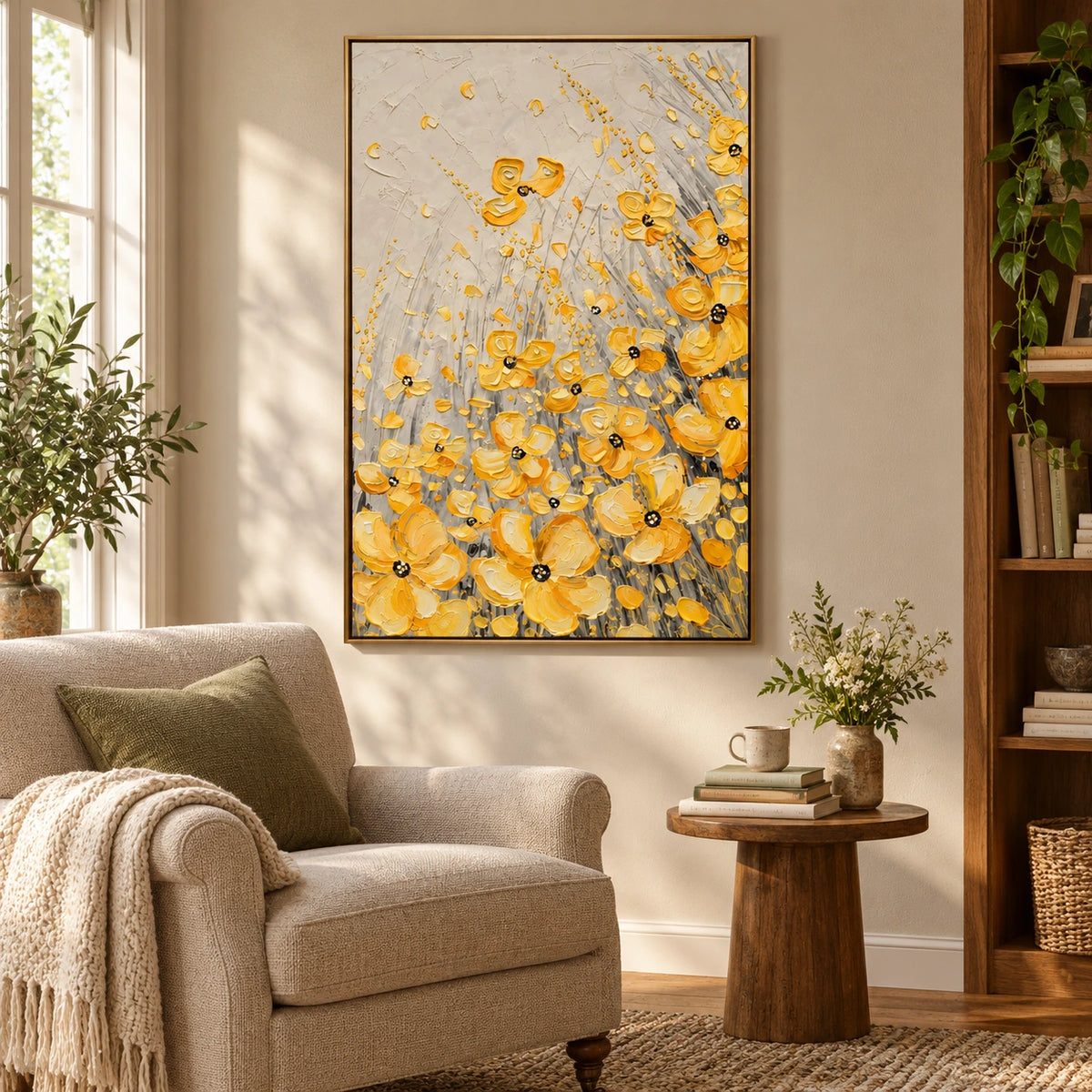 Yellow Wildflowers Oil Painting | Gold Petals Grey Stems and Cream Background Textured Vertical Floral Wall Art OA 1784
