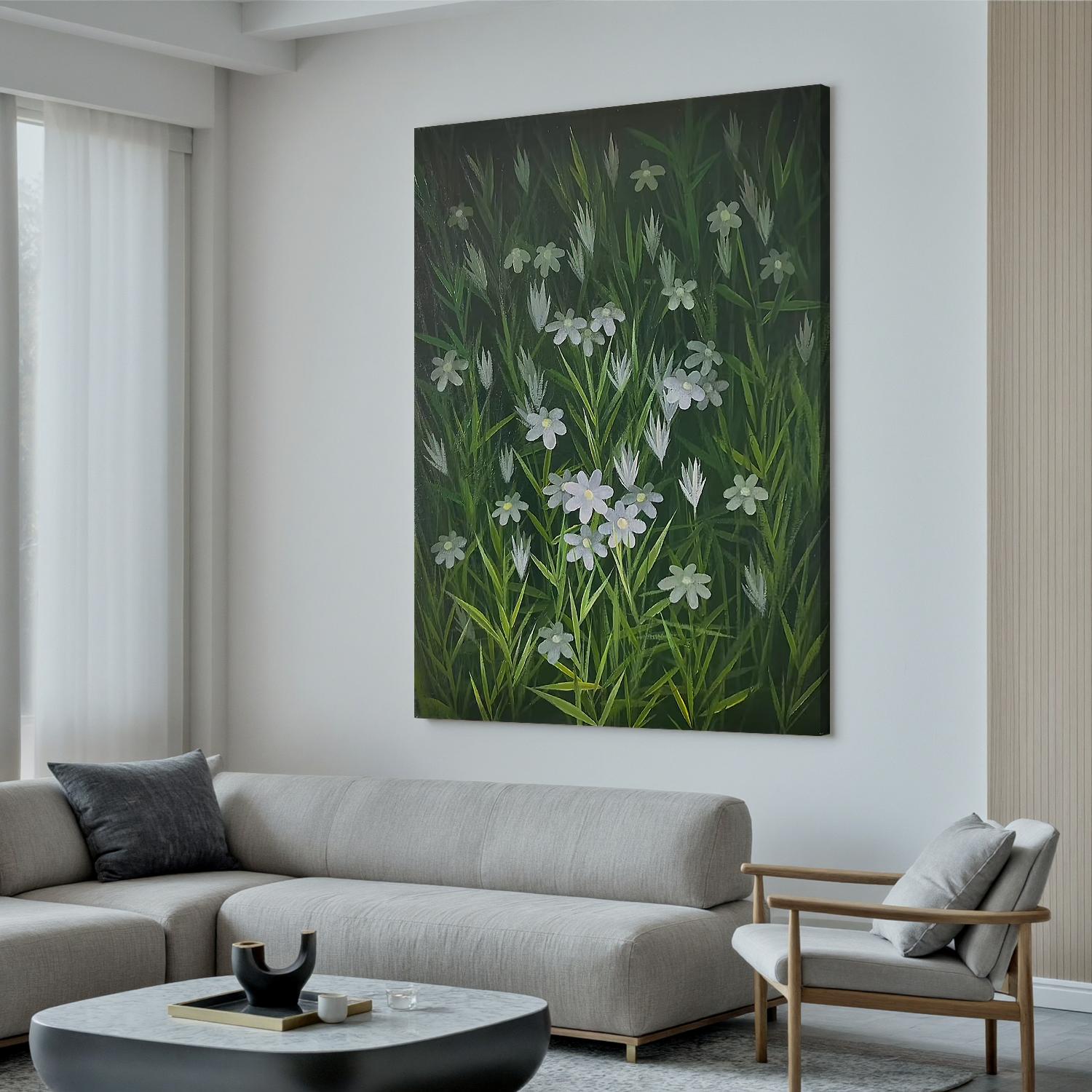 White Wildflower Botanical Wall Art โ Green Meadow Floral Canvas Painting for Living Room Decor #OA 0812