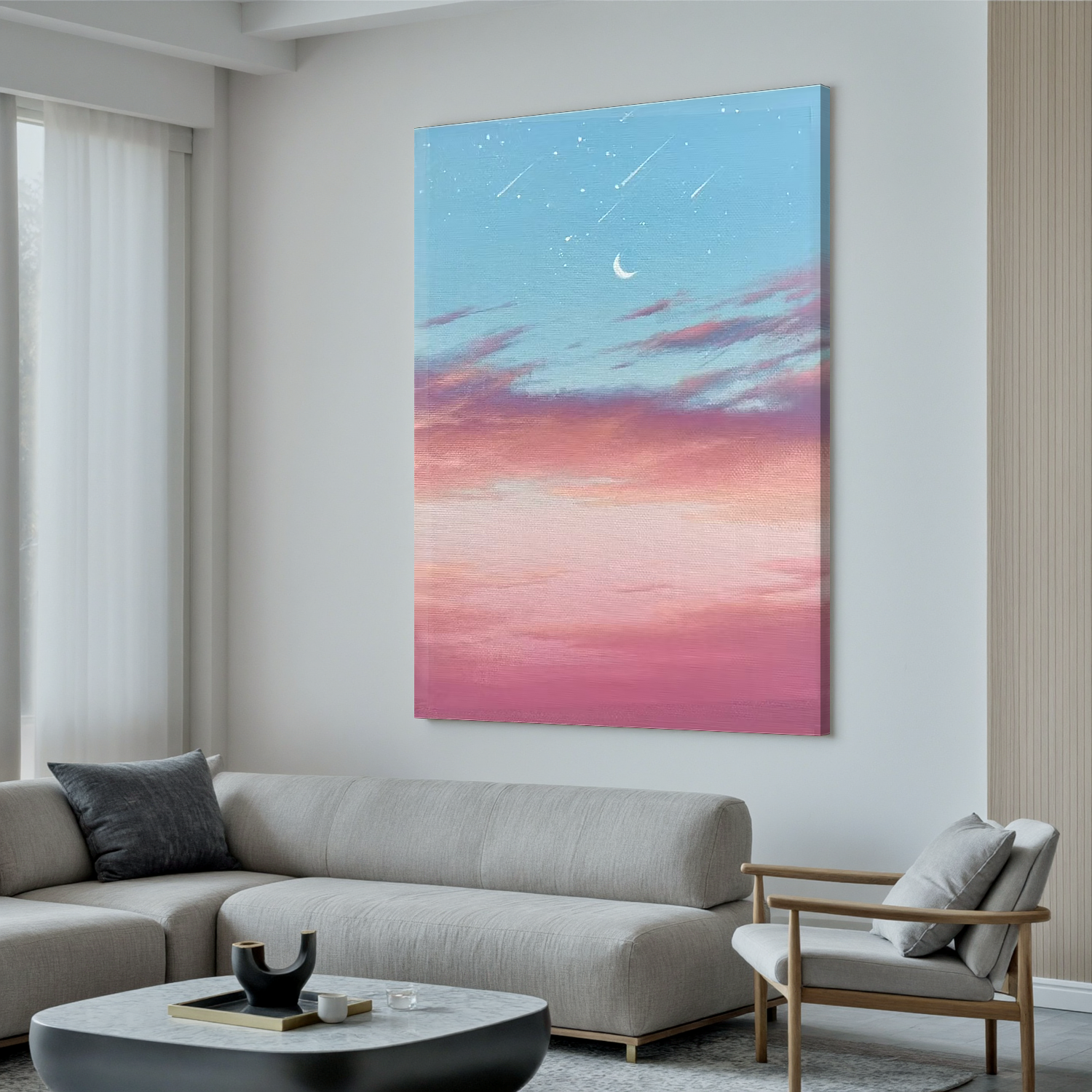 Dreamy Crescent Moon and Shooting Stars Wall Art, Pink Blue Sky Canvas Painting, Romantic Celestial Decor for Bedroom #OA 0786