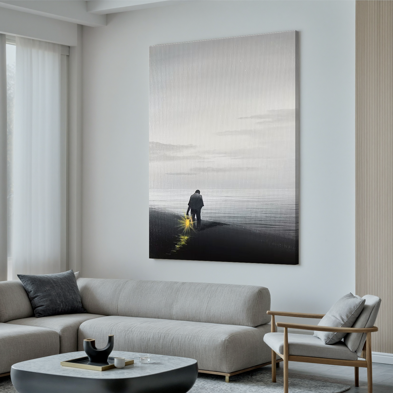 Solitary Figure with Lantern Beach Wall Art, Minimalist Black and White Seascape Canvas Painting for Living Room Decor #OA 0777