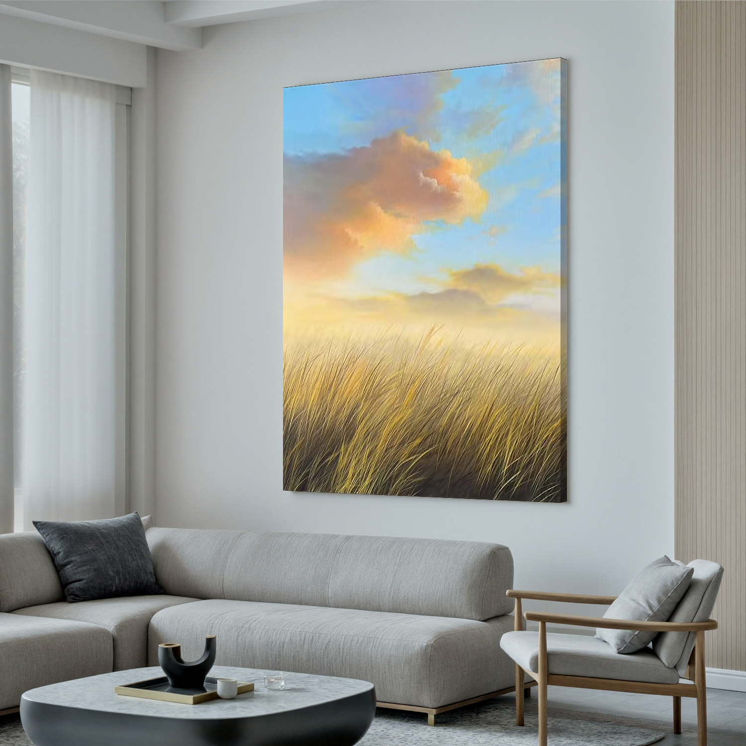 Golden Meadow Landscape Wall Art โ Serene Sunrise Field Canvas Painting for Living Room Decor #OA 0800