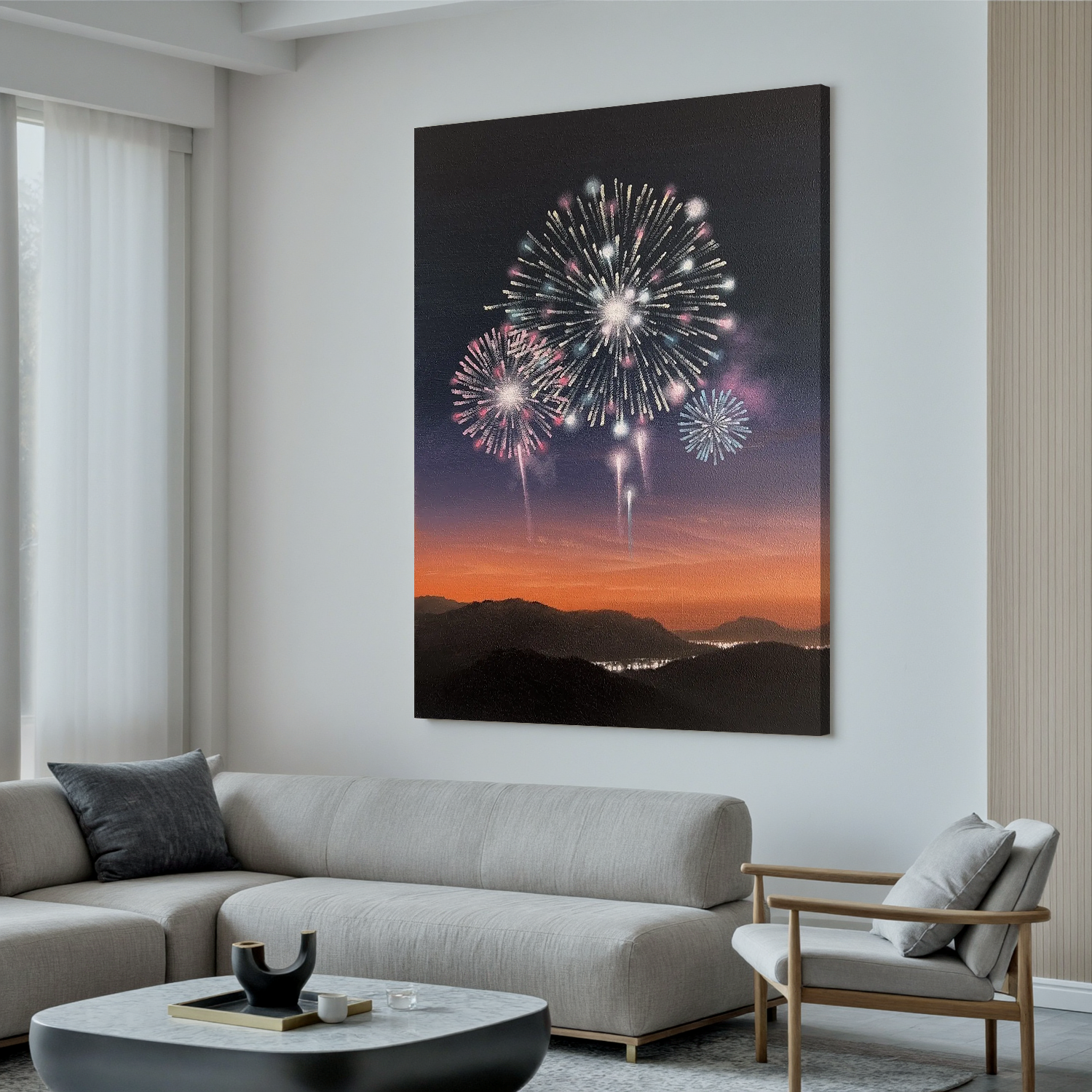 Fireworks Over Mountain Sunset Wall Art, Celebration Night Sky Canvas Painting for Living Room Decor #OA 0758