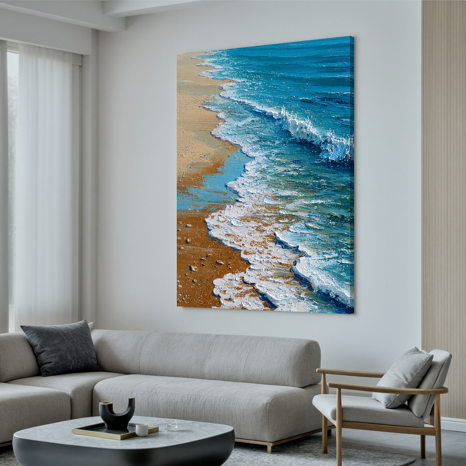 Coastal Beach Wave Wall Art – Blue Ocean Textured Canvas Painting for Modern Living Room Decor#OA 0831