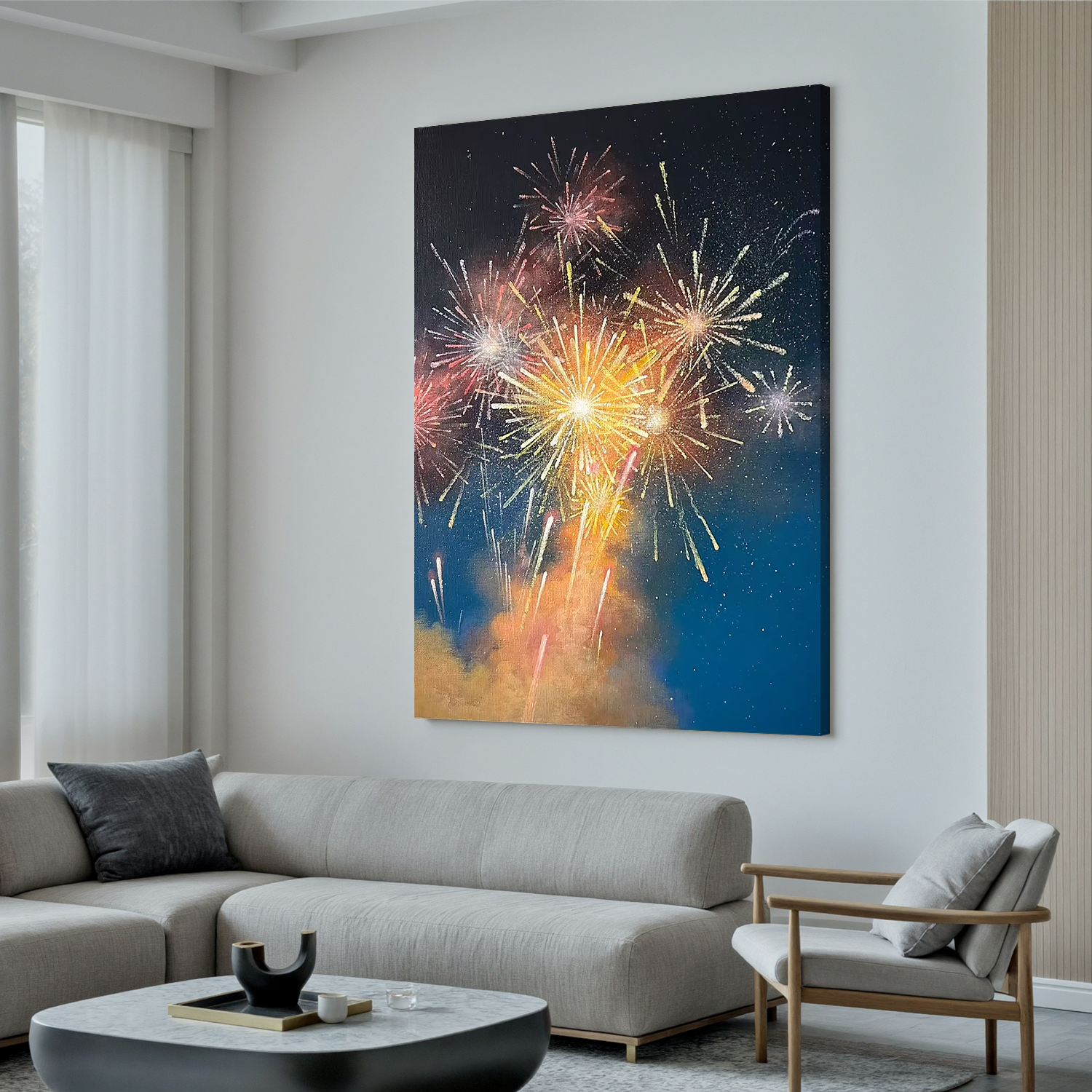 Colorful Fireworks Night Sky Wall Art – Celebration Canvas Painting for Living Room and Party Decor #OA 0799