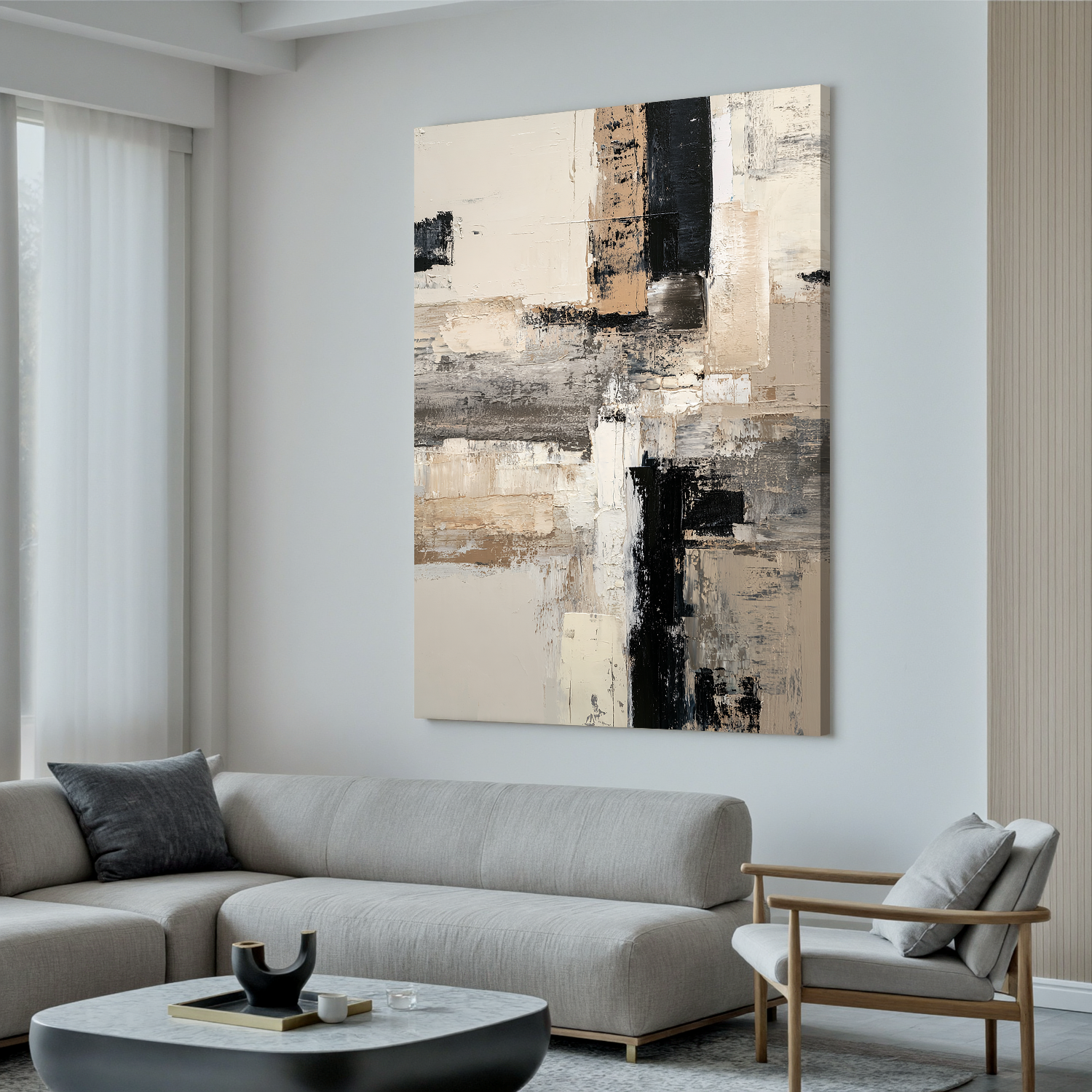 Neutral Abstract Canvas Wall Art – Black White Beige Modern Minimalist Painting for Living Room Decor#OA 0879