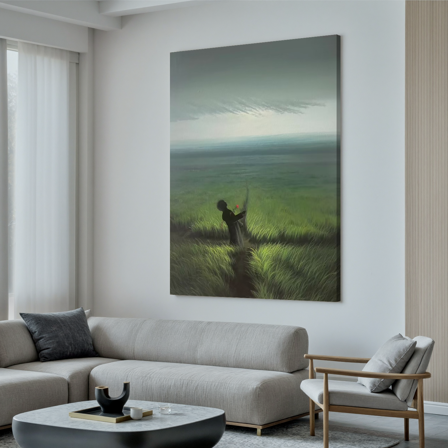 Surreal Meadow Wall Art with Silhouette Figure Holding Red Flower, Poetic Landscape Canvas Painting for Living Room Decor #OA 0783