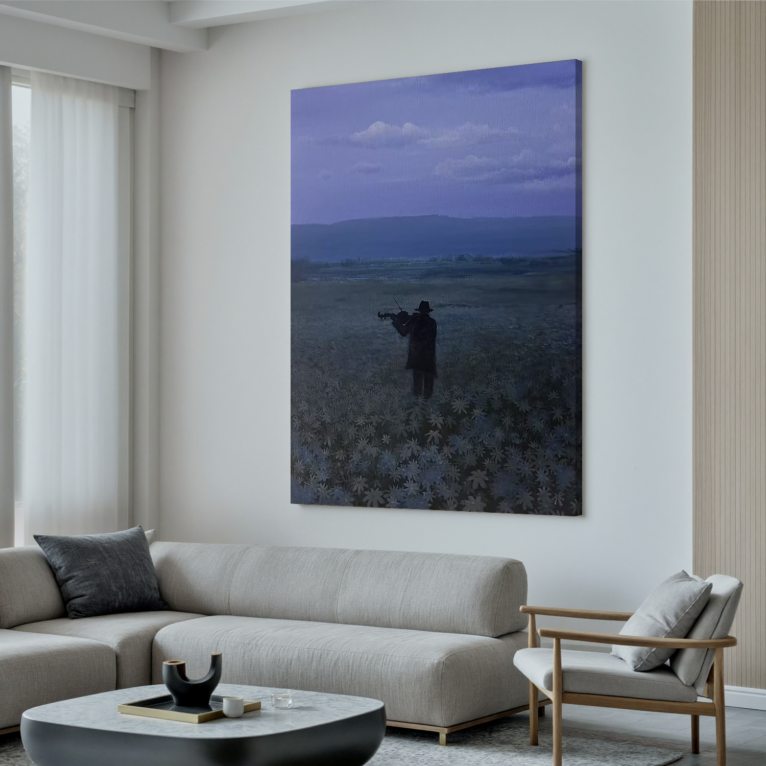 Violinist in Blue Meadow Wall Art, Moody Twilight Landscape Canvas Painting for Living Room and Bedroom Decor #OA 0791