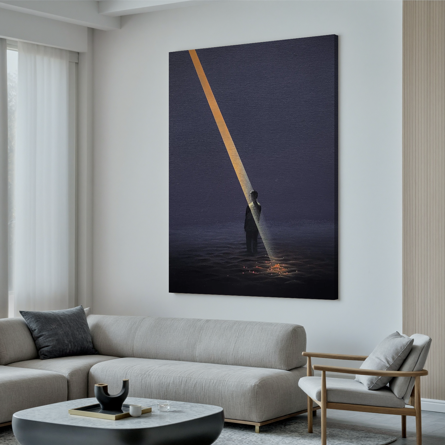 Surreal Beam of Light Wall Art, Solitary Figure in Dark Minimalist Landscape Canvas for Living Room Decor #OA 0739