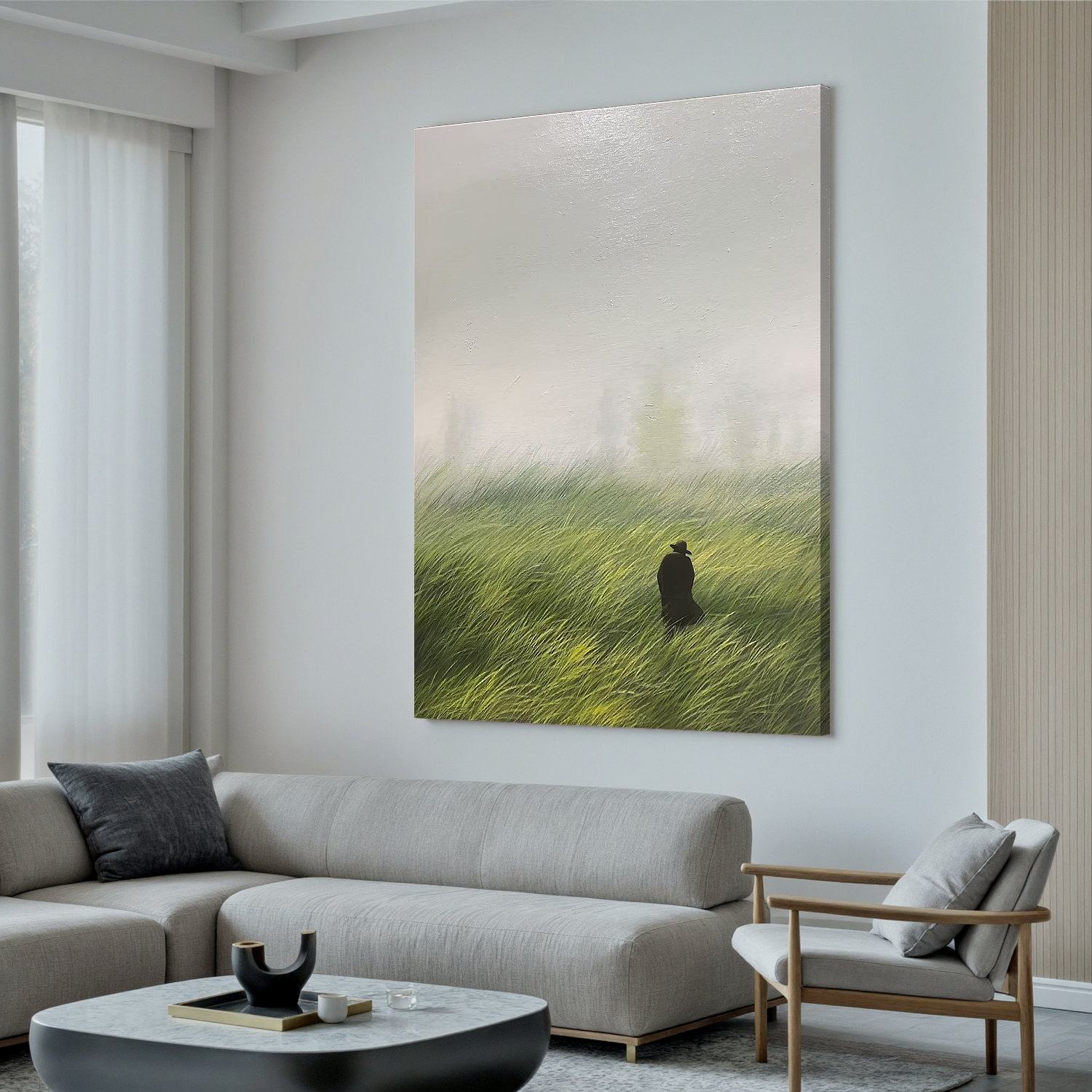 Misty Green Meadow Wall Art โ Solitary Figure Landscape Canvas Painting for Living Room Decor #OA 0810