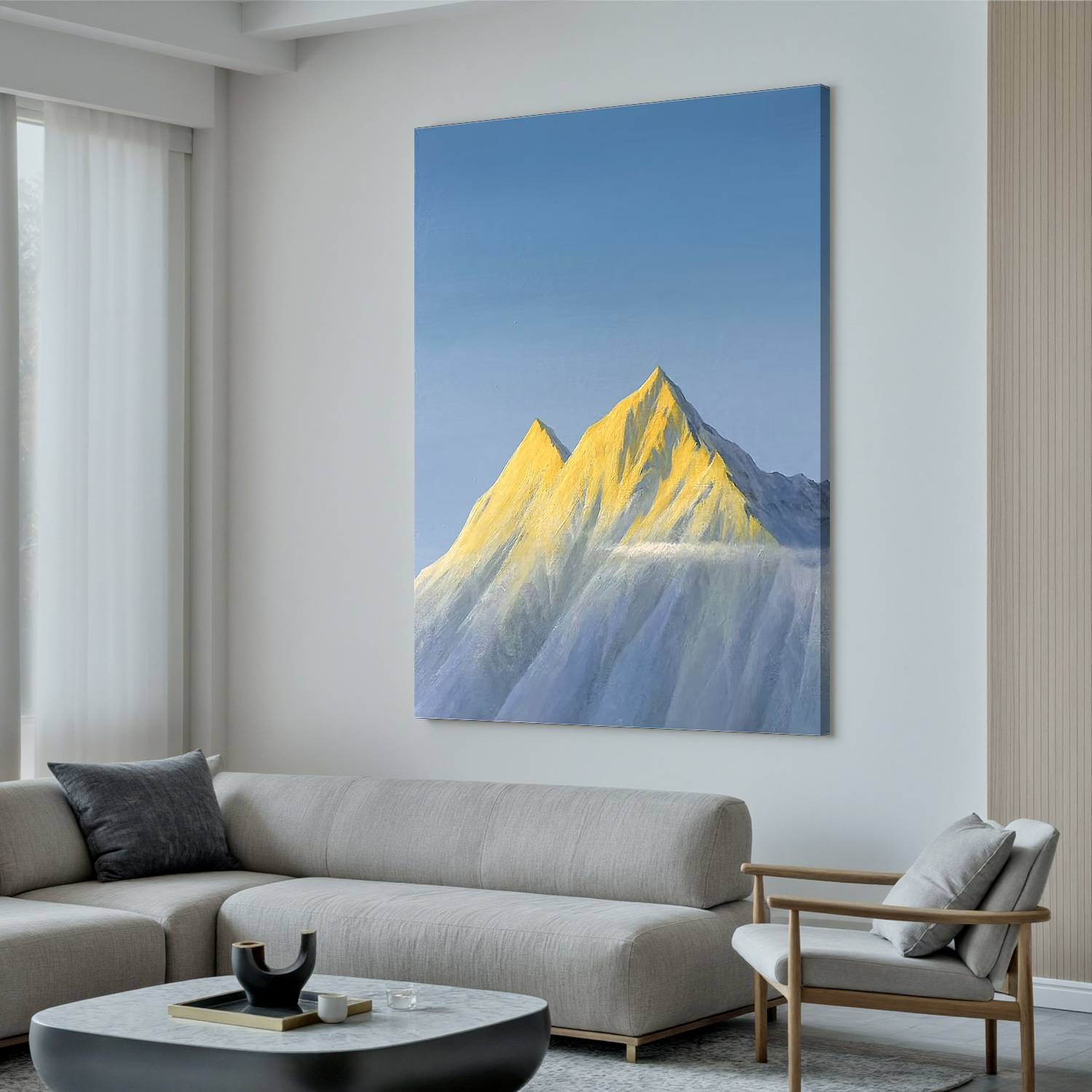 Golden Snow-Capped Mountain Wall Art, Minimalist Alpine Landscape Canvas Painting for Modern Living Room Decor #OA 0792