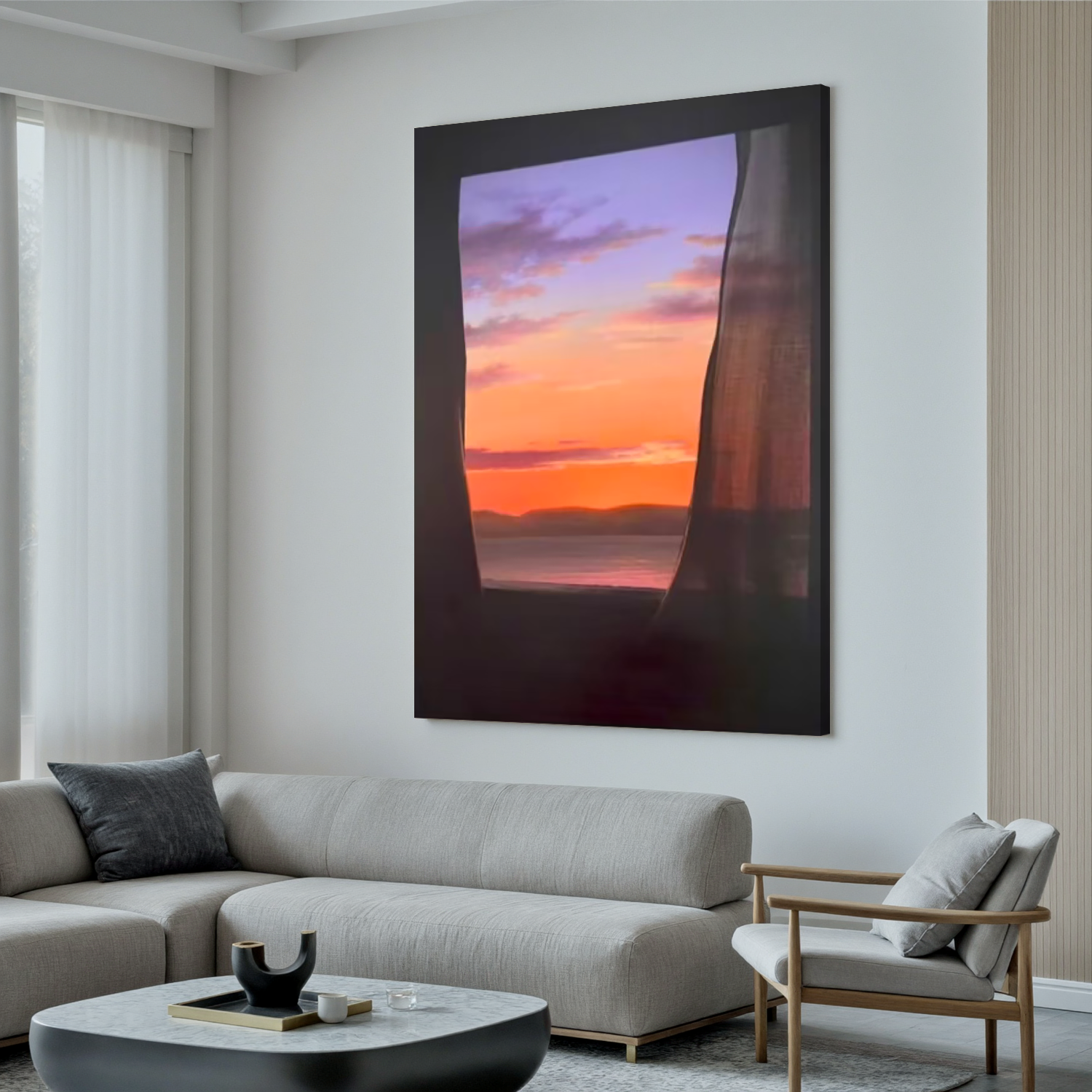 Sunset Ocean View Through Window Wall Art, Romantic Seascape Canvas Painting, Serene Coastal Landscape Decor for Living Room #OA 0784