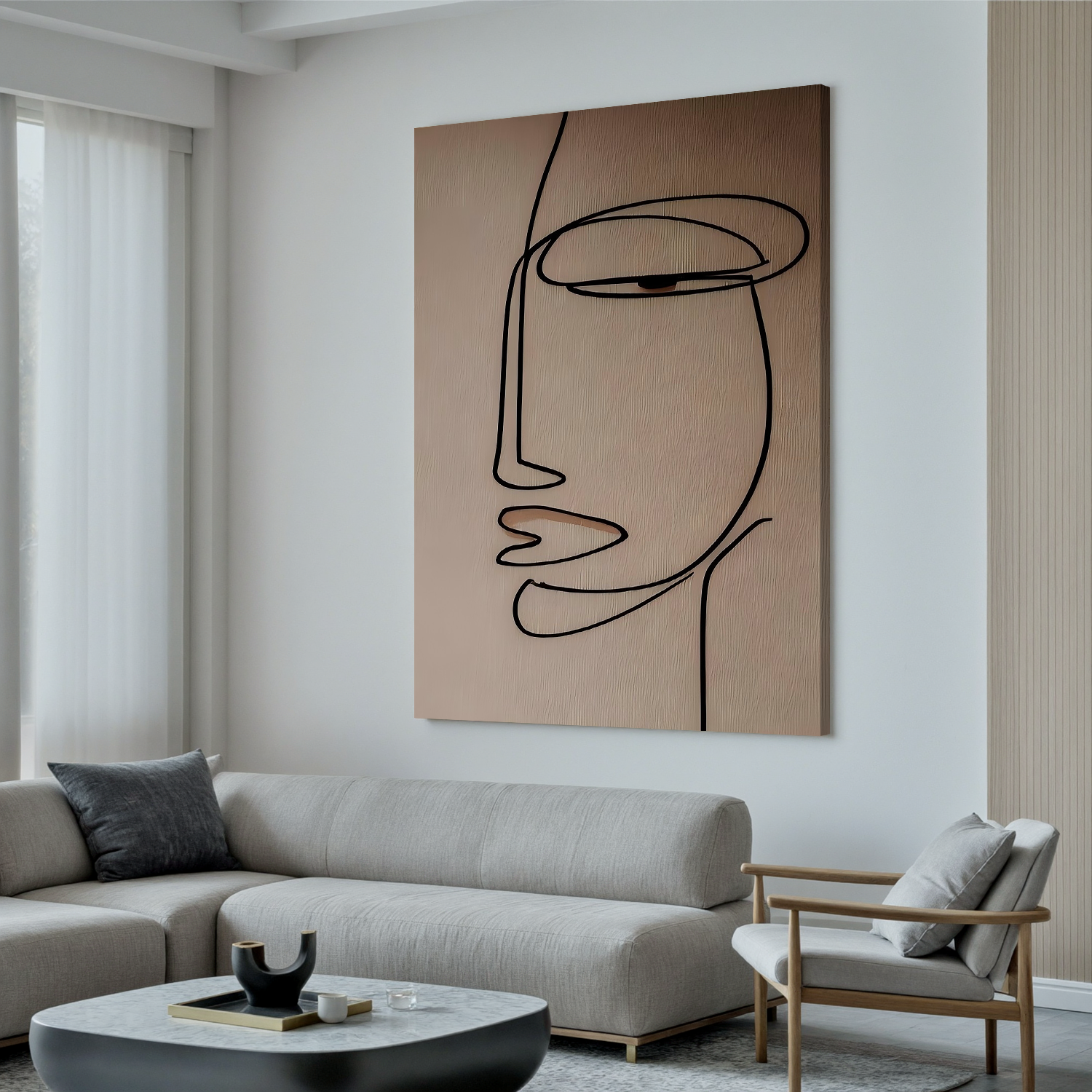 Minimalist Line Art Face Canvas Wall Art – Abstract Portrait in Neutral Beige for Modern Home Decor#OA 0871