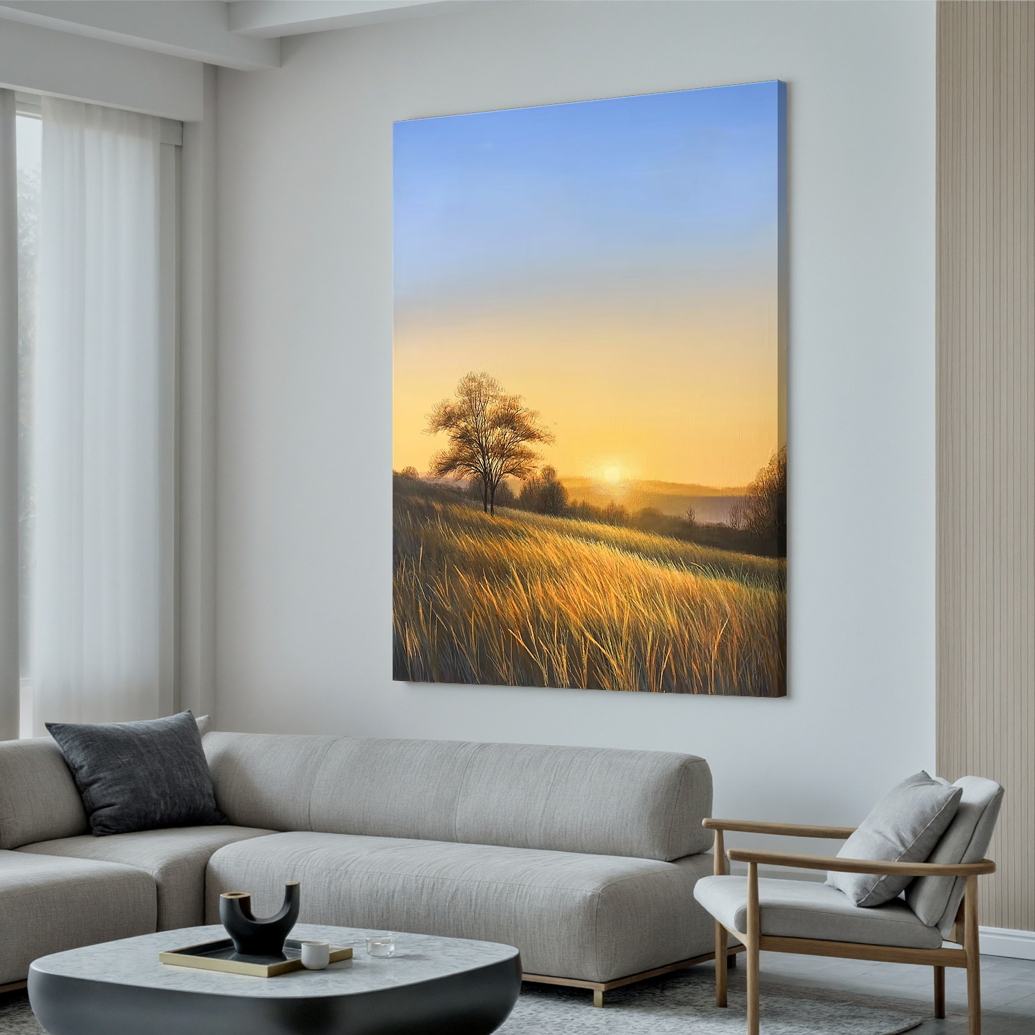 Golden Sunrise Meadow Wall Art, Countryside Landscape Canvas Painting with Lone Tree for Living Room Decor #OA 0779