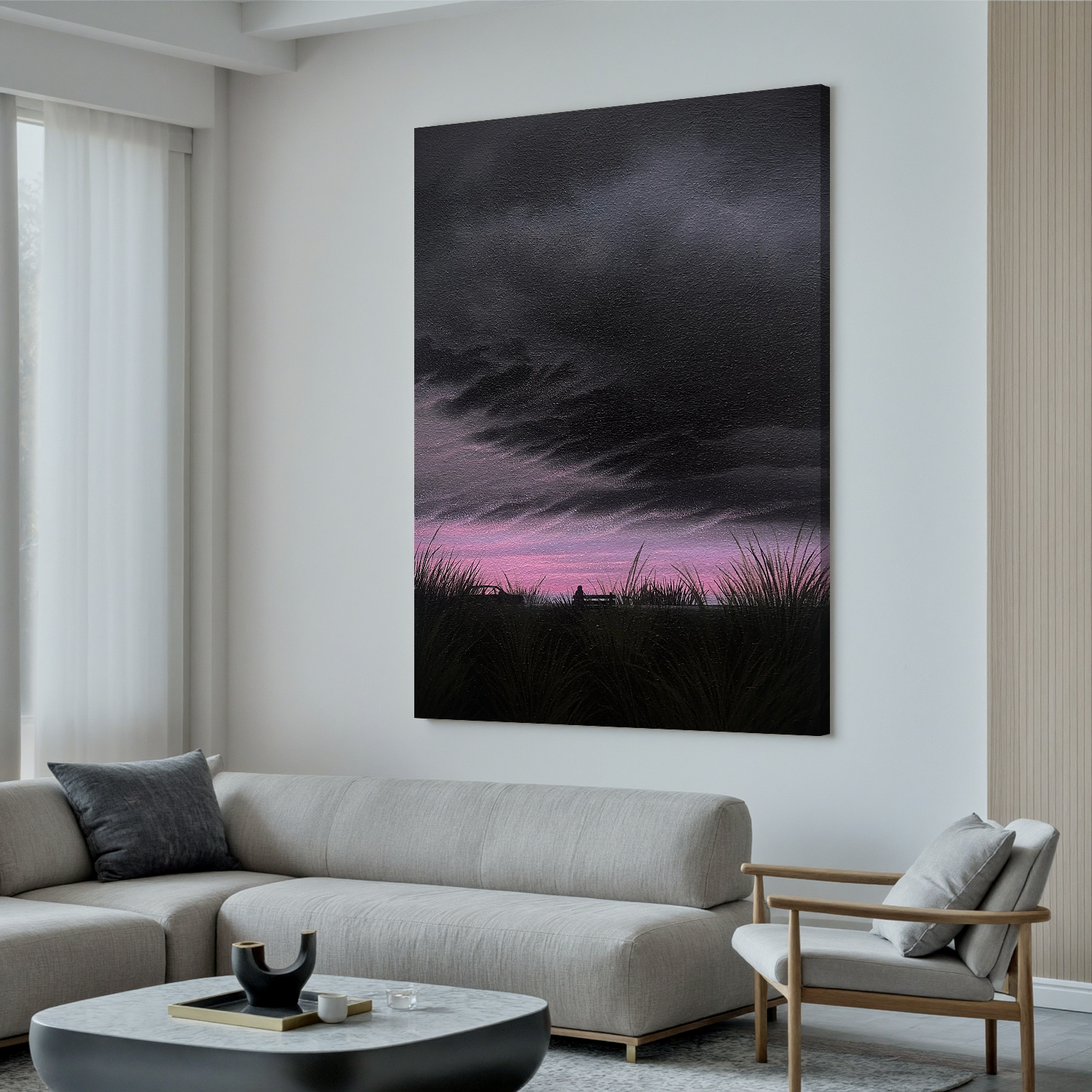 Moody Sunset Landscape Wall Art with Lone Figure on Bench, Dramatic Cloud Sky Canvas for Living Room Decor #OA 0743