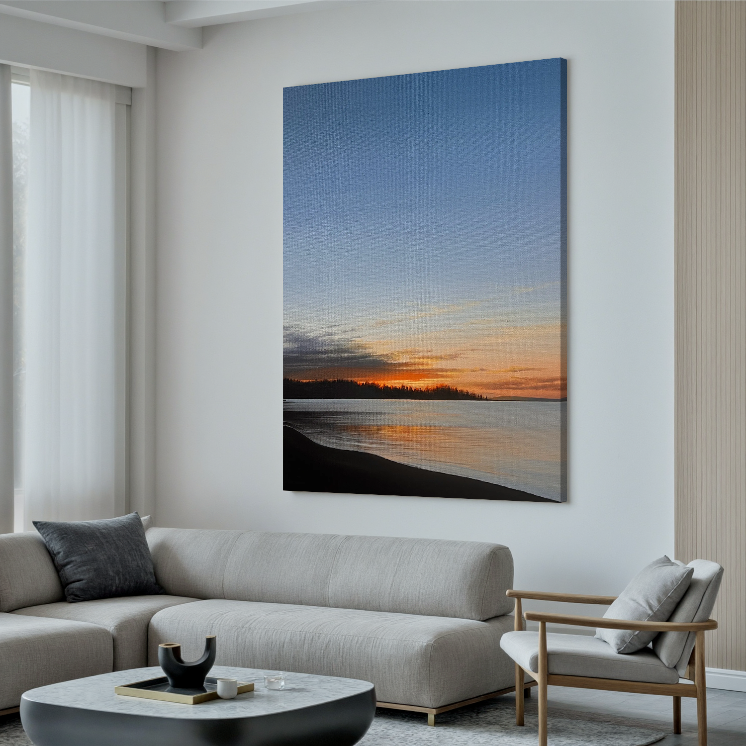 Serene Sunset Lake Wall Art, Peaceful Coastal Landscape Canvas with Golden Sky for Living Room Decor #OA 0753