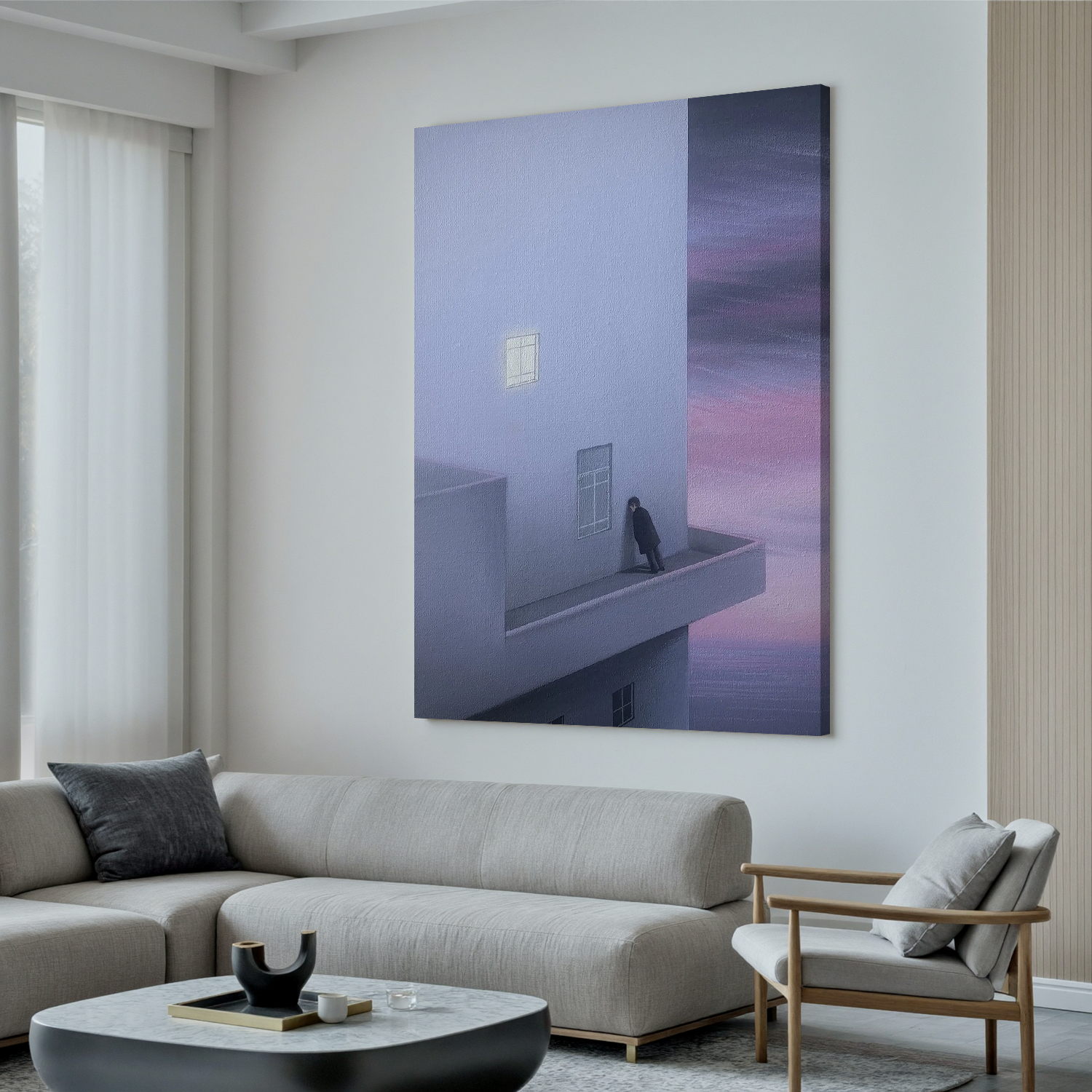 Surreal Minimalist Architecture Wall Art, Solitary Figure on Balcony with Pink Sky Canvas for Modern Living Room Decor #OA 0742