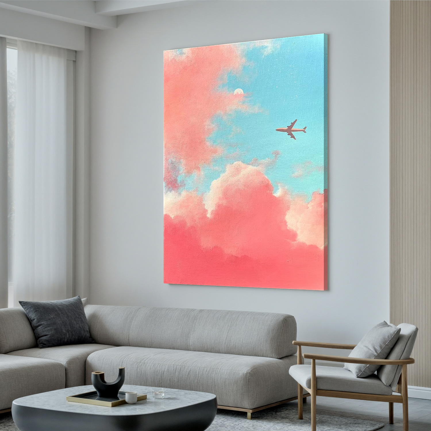 Dreamy Pink and Blue Sky Wall Art with Airplane – Pastel Cloud Canvas Painting for Modern Home Decor #OA 0798