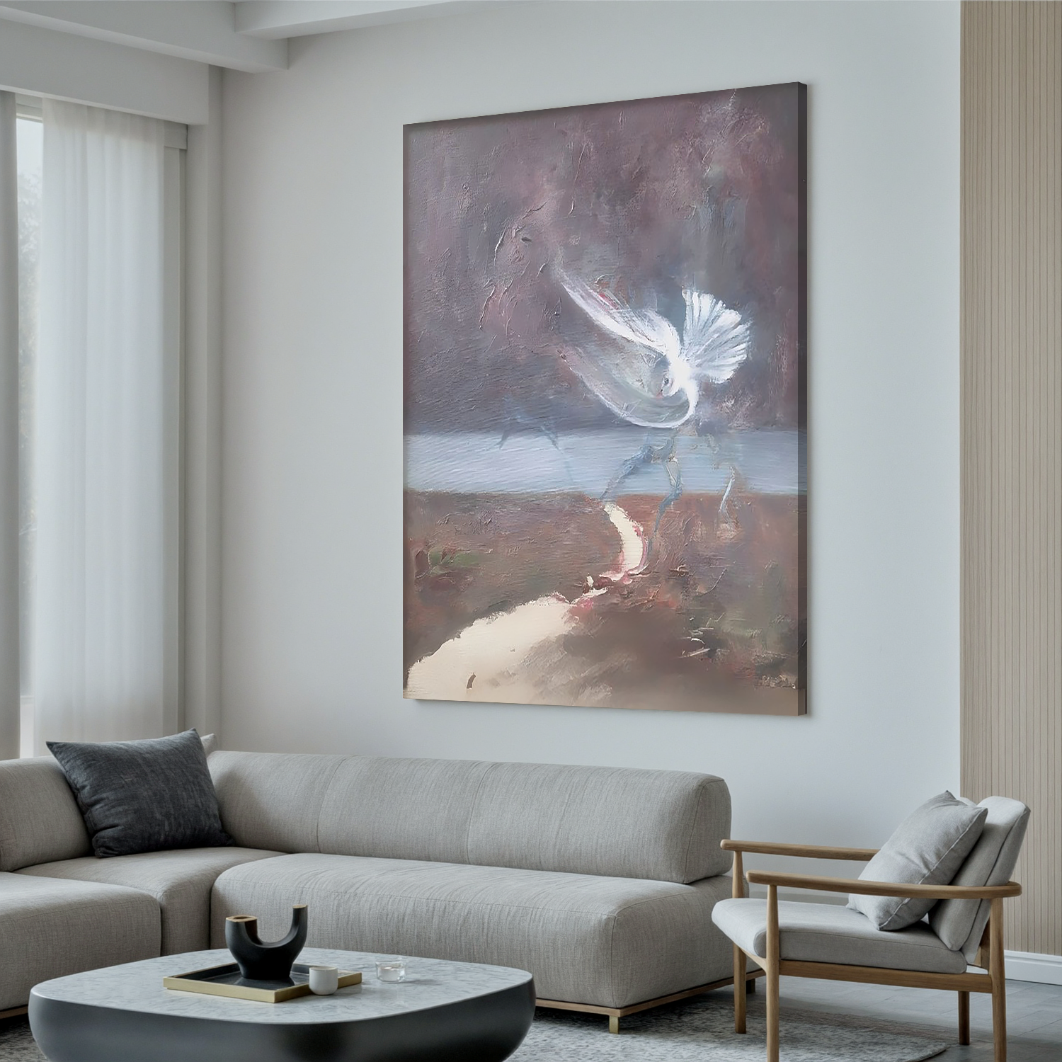 White Bird in the Mist-Abstract White Bird Wall Art