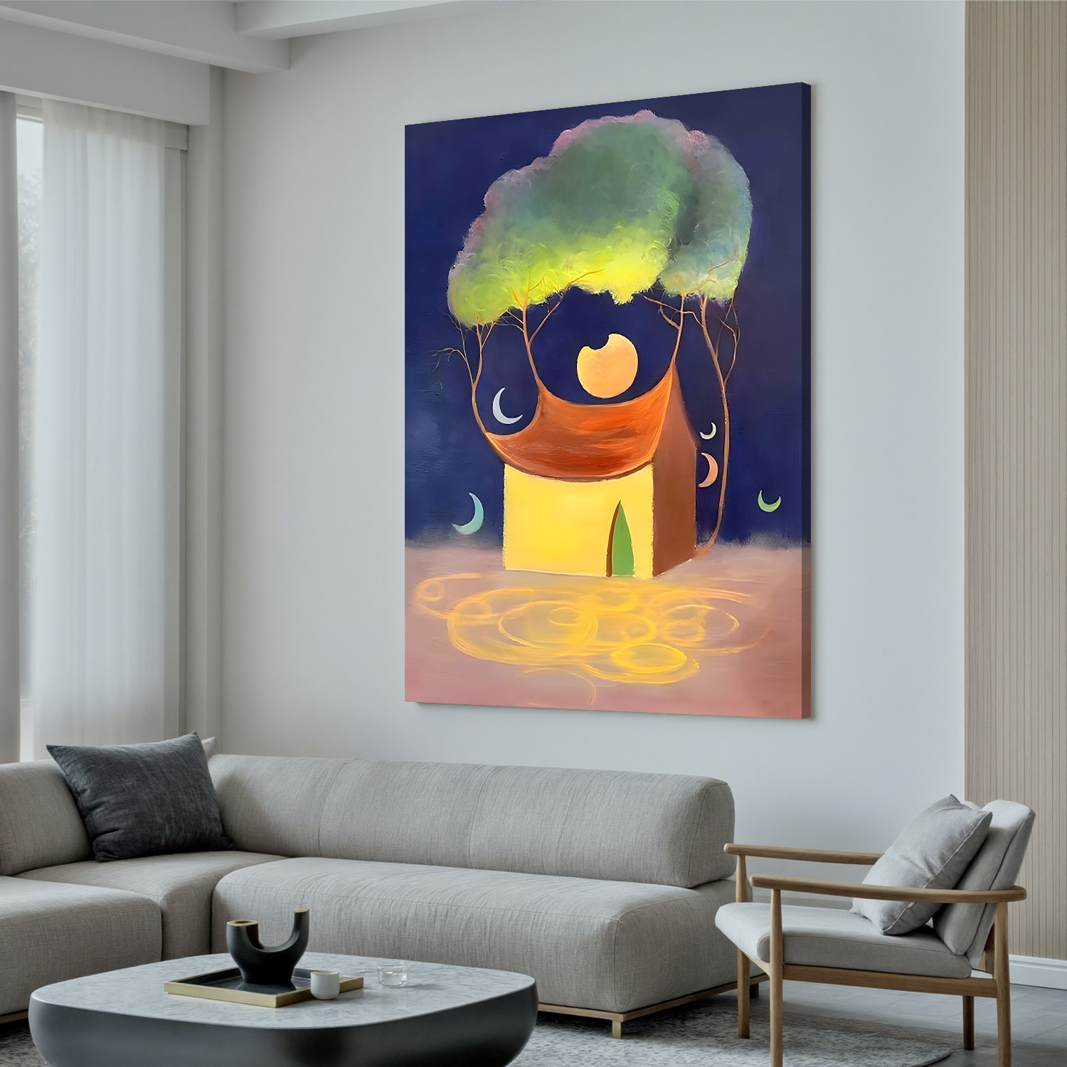 Moonlit Dream House-Surreal Moonlit House Landscape Wall Art