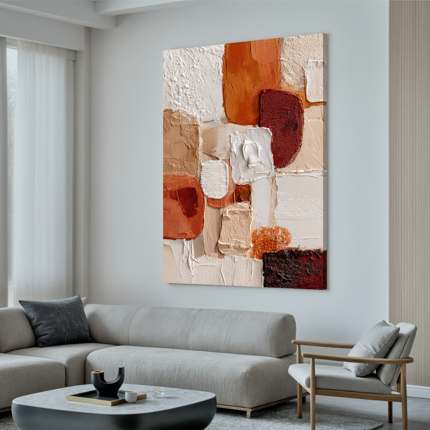 Large Vertical Abstract Canvas Wall Art – Earth Tone Textured Painting for Modern Living Room Decor#OA 0839