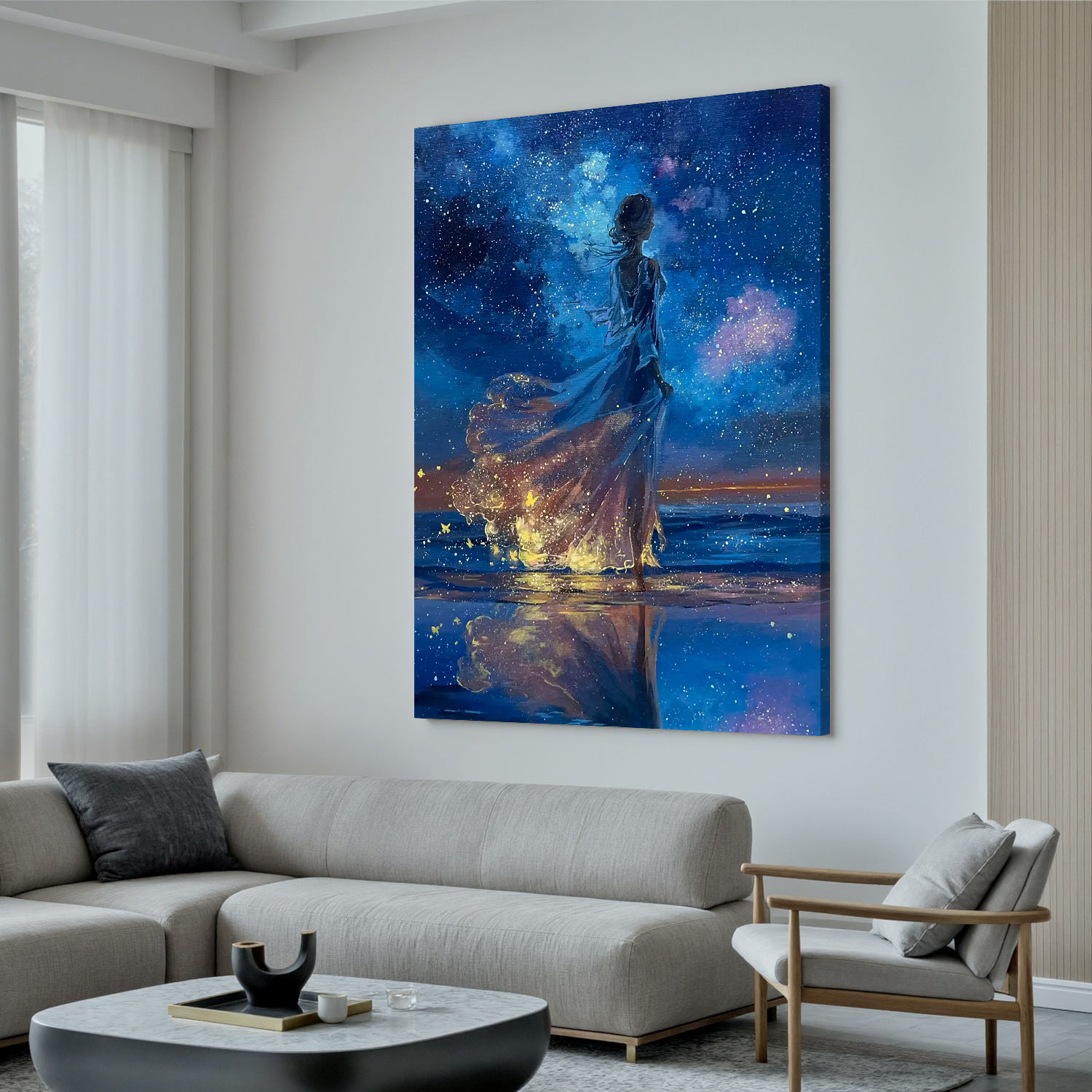 Girl Under Starry Sky Oil Painting, Dreamy Ocean Night Wall Art for Bedroom Decor#OA 0621